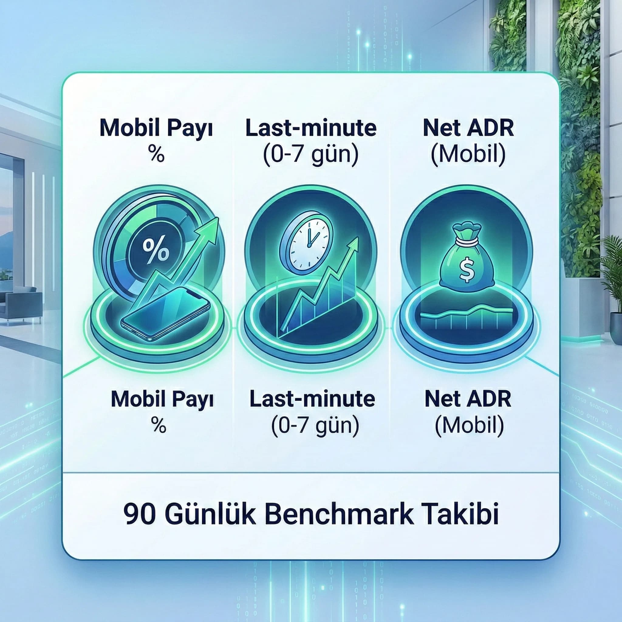Mobil pay ve last-minute trend KPI kartı, dönüşüm ve net ADR takibi