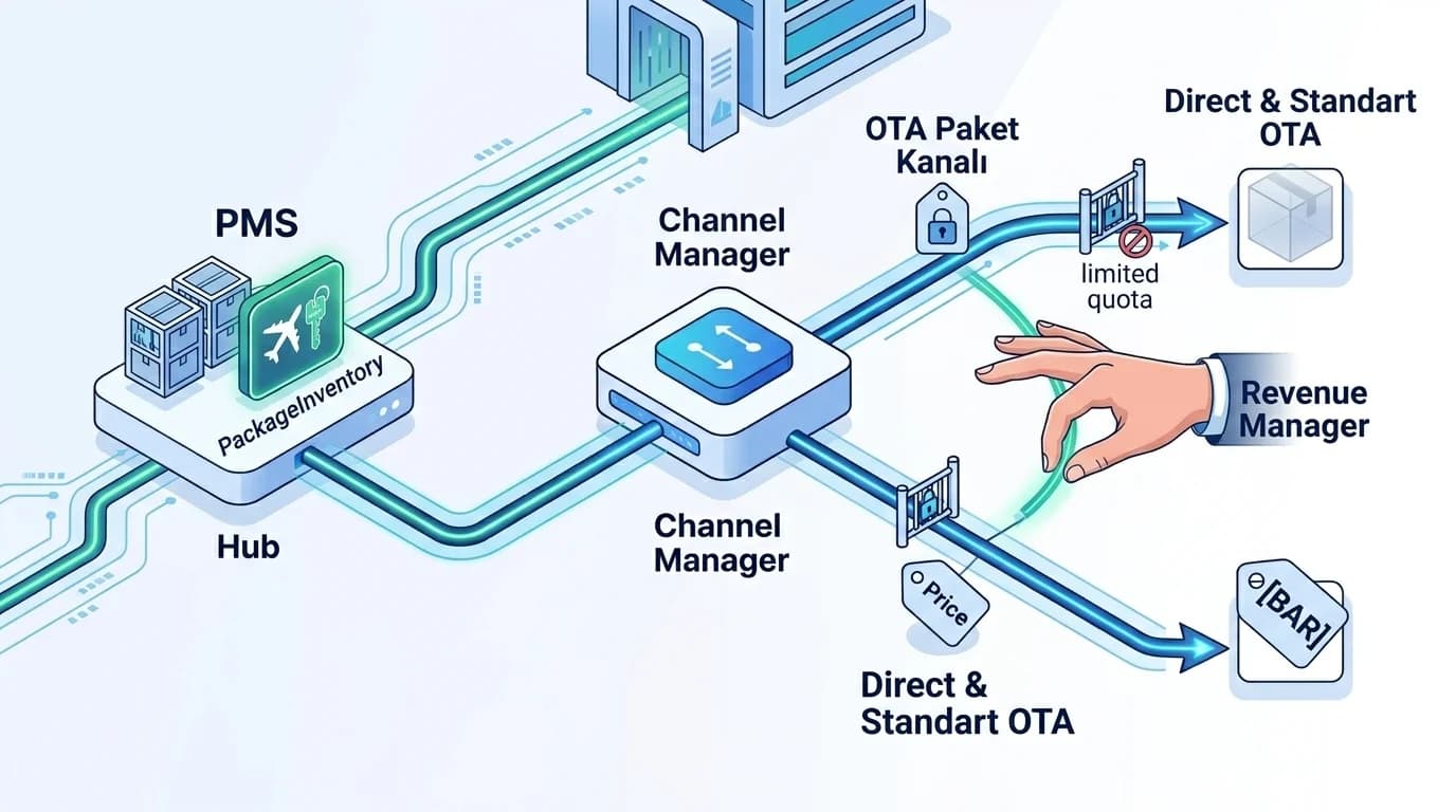 Paket kontenjanı ve fiyat kontrolü, PMS ve OTA uyumu, otel bağlamı