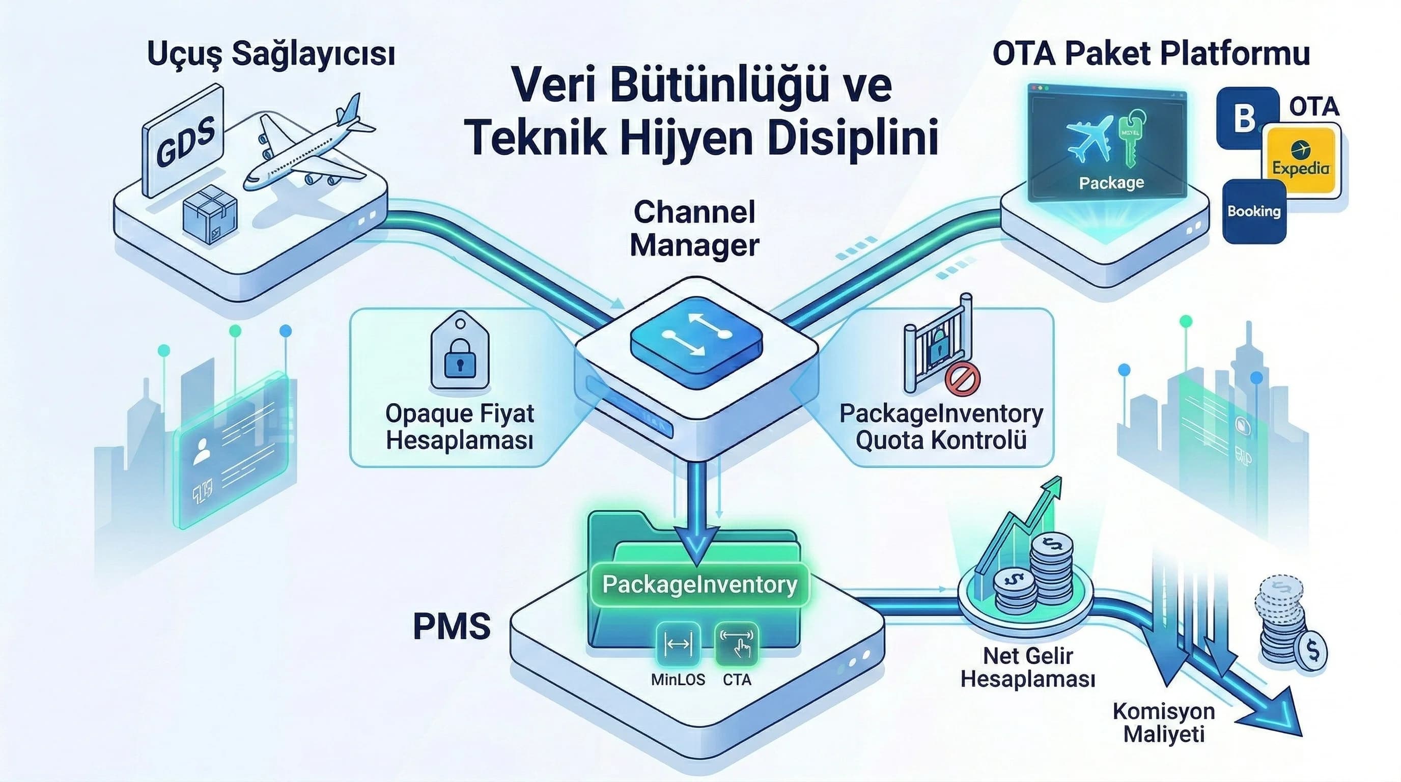 Uçuş OTA paket PMS oda kontenjan akışı diyagramı, package inventory yönetimi