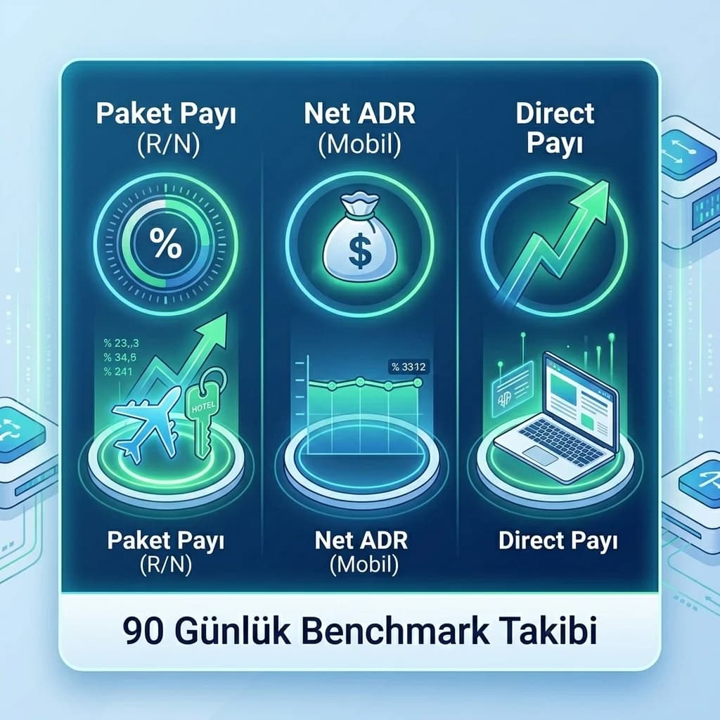 Paket payı net ADR ve direct pay KPI kartı, kanal karması performansı