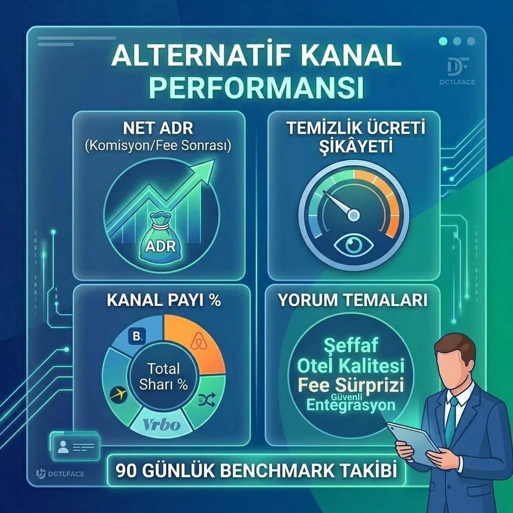 Net ADR, fee şikâyeti ve kanal payı KPI kartı, alternatif kanal performansı