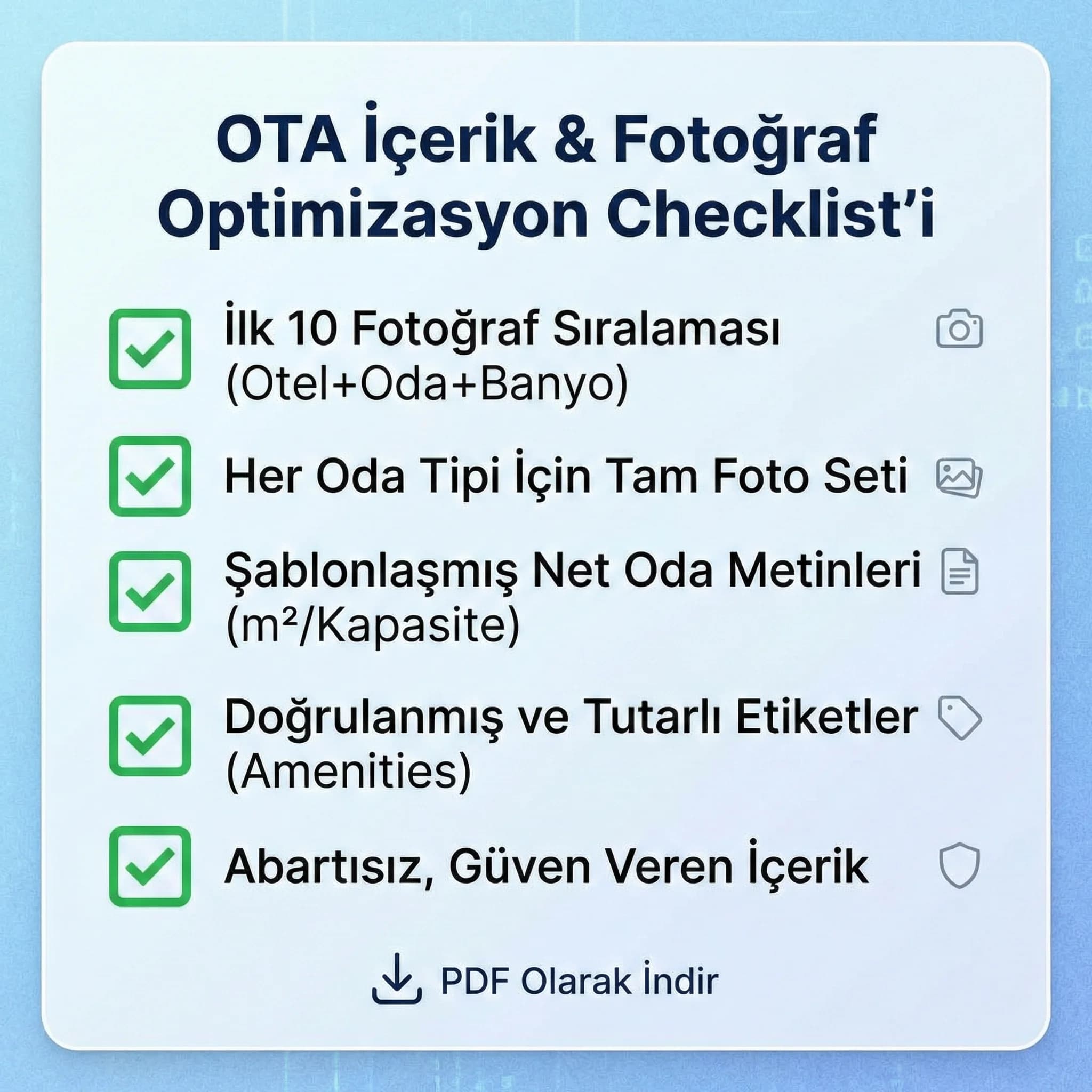 Optimizasyon deliverables kartı, foto seti metin etiket standardı