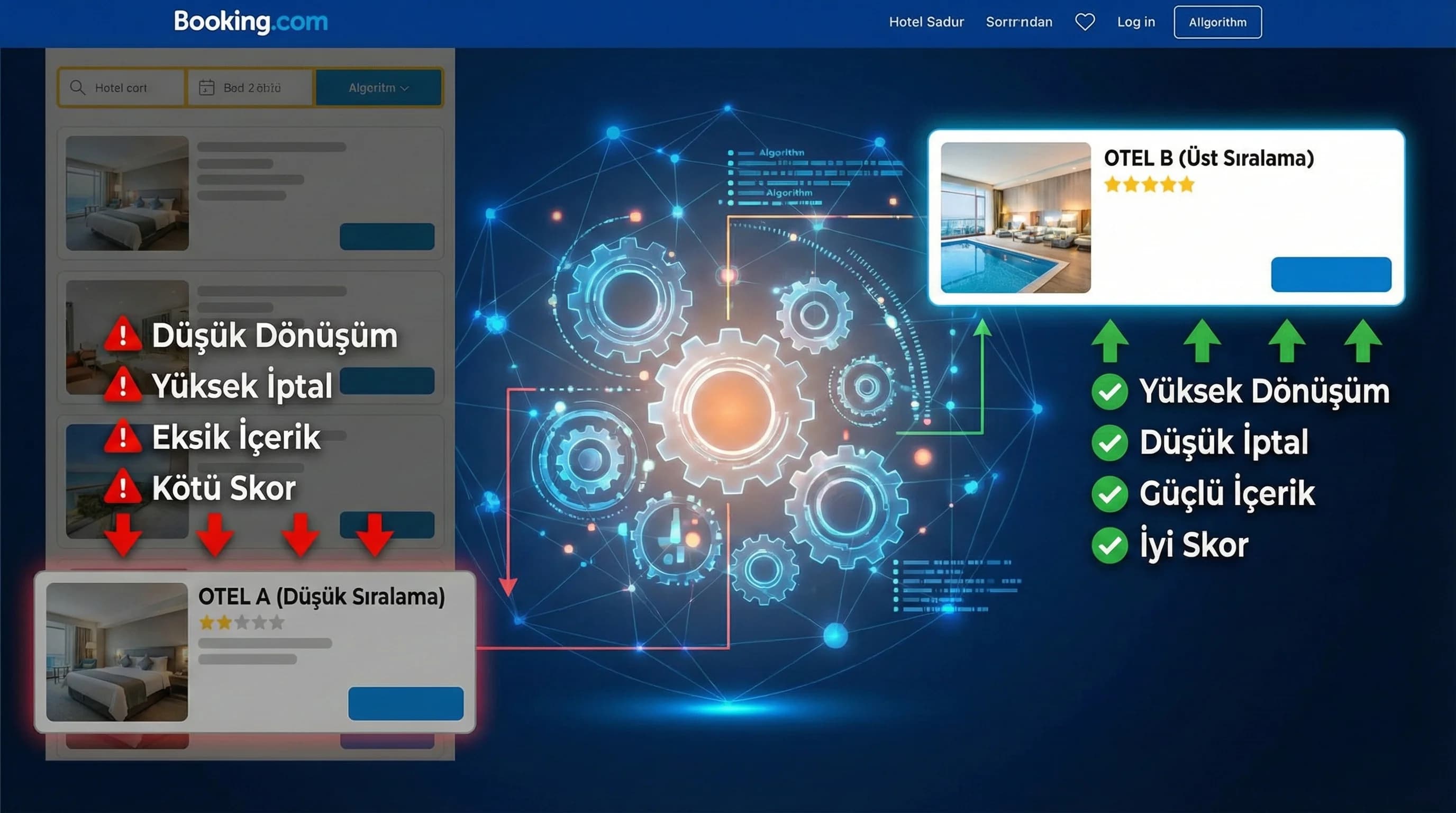 Dönüşüm iptal skor fiyat ilişki görseli, Booking Expedia görünürlük