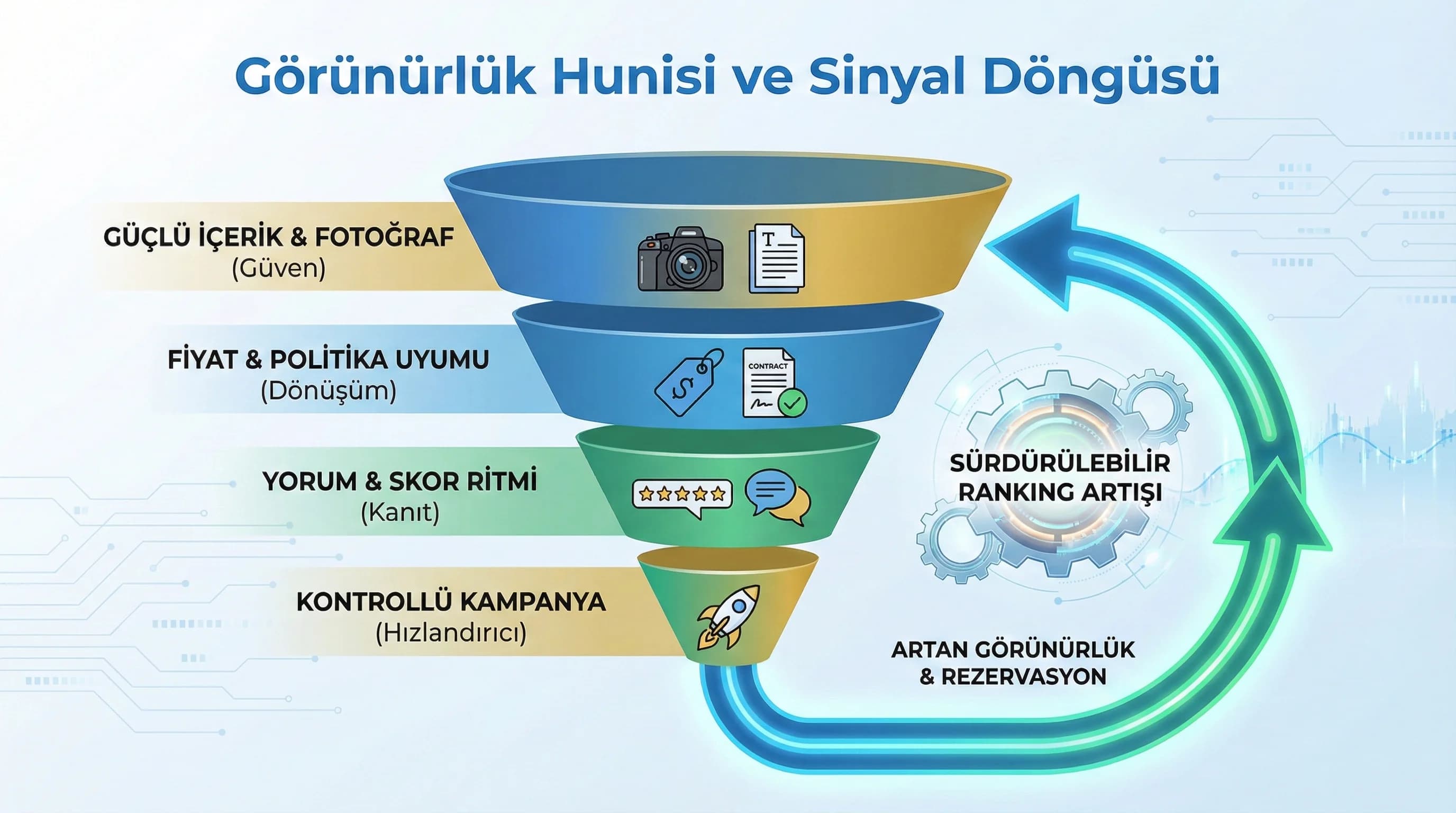 İçerik fiyat yorum kampanya mini funnel diyagramı, görünürlük modeli