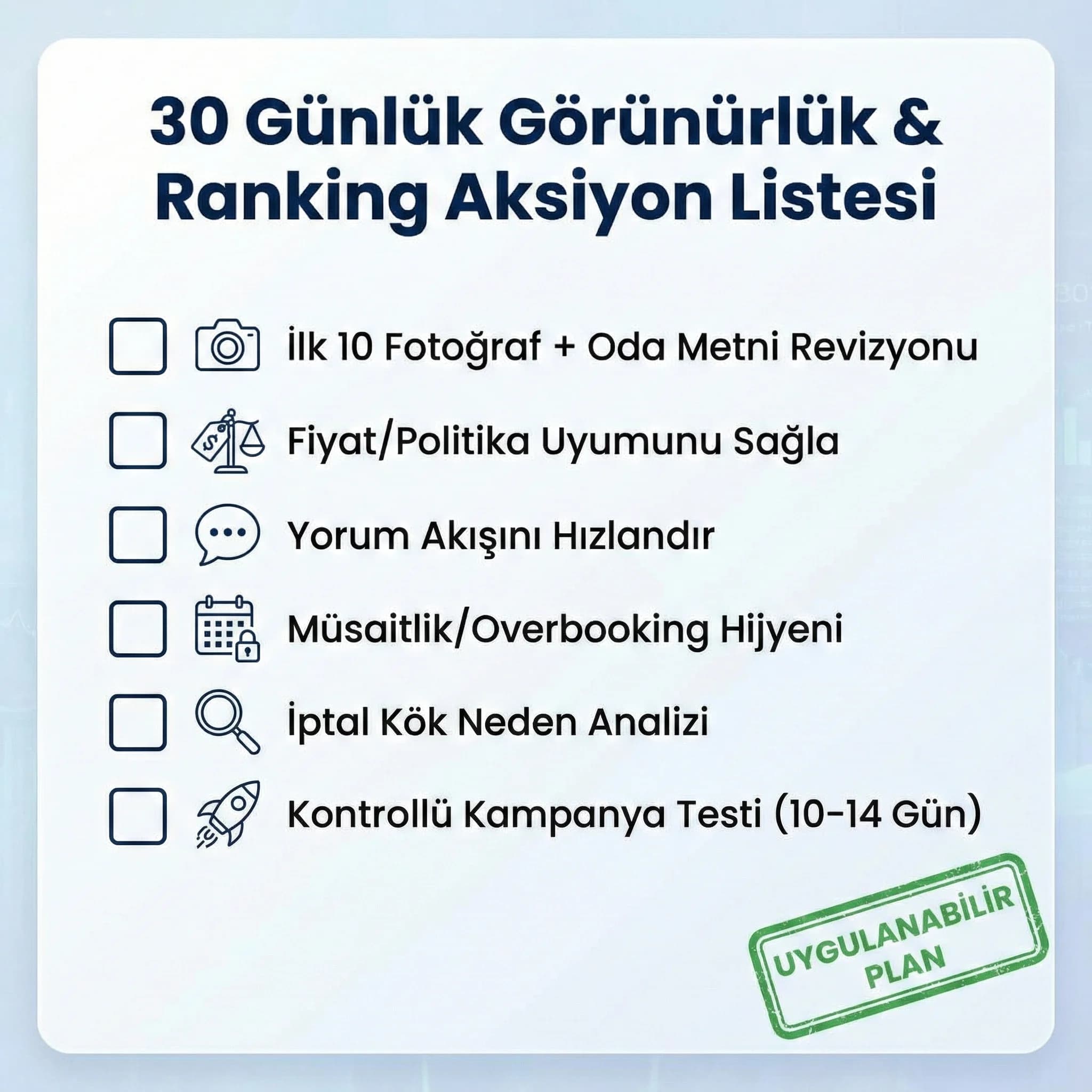 Ranking iyileştirme deliverables kartı, rapor ve aksiyon planı