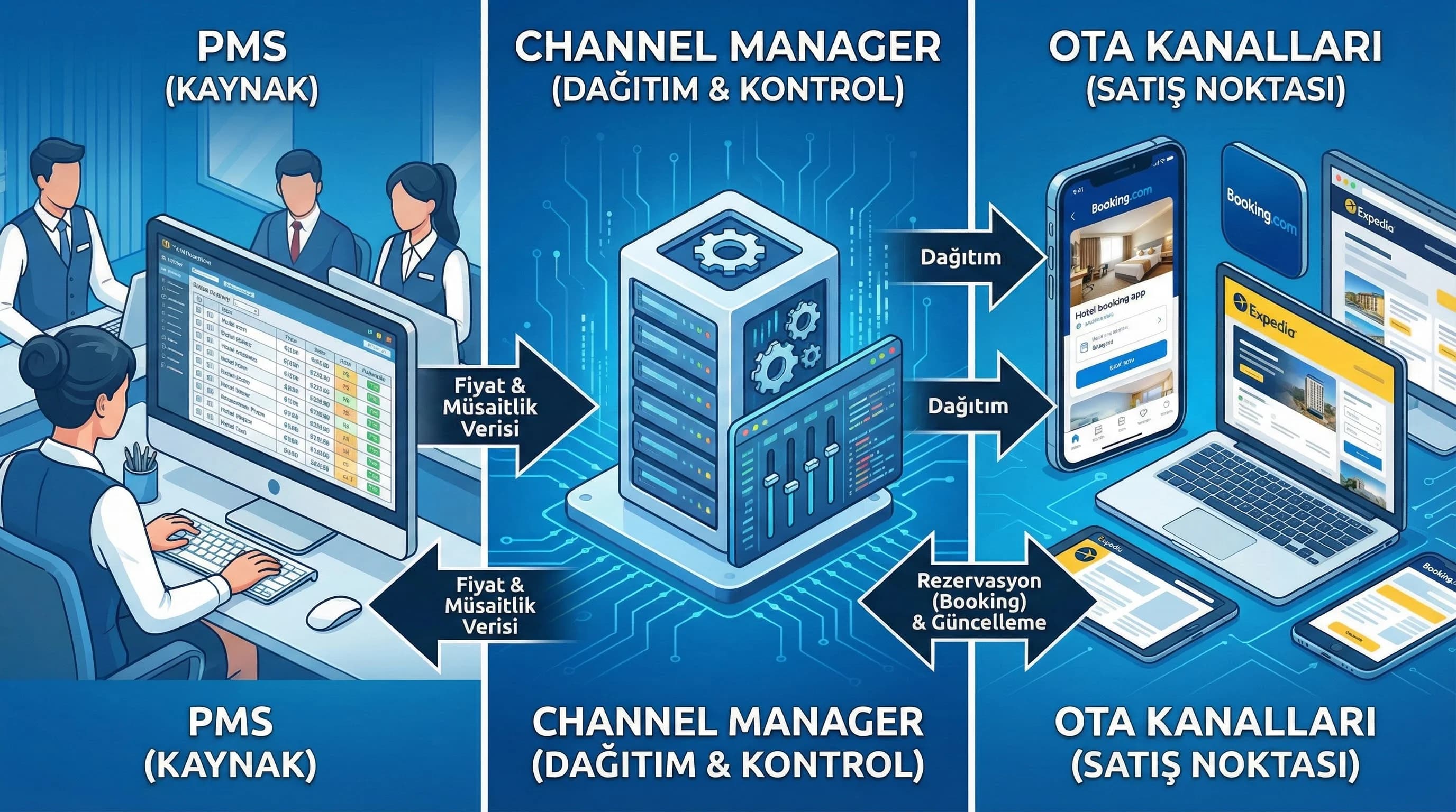 PMS ve OTA dağıtım akışını otel operasyonu bağlamında özetleyen context görseli