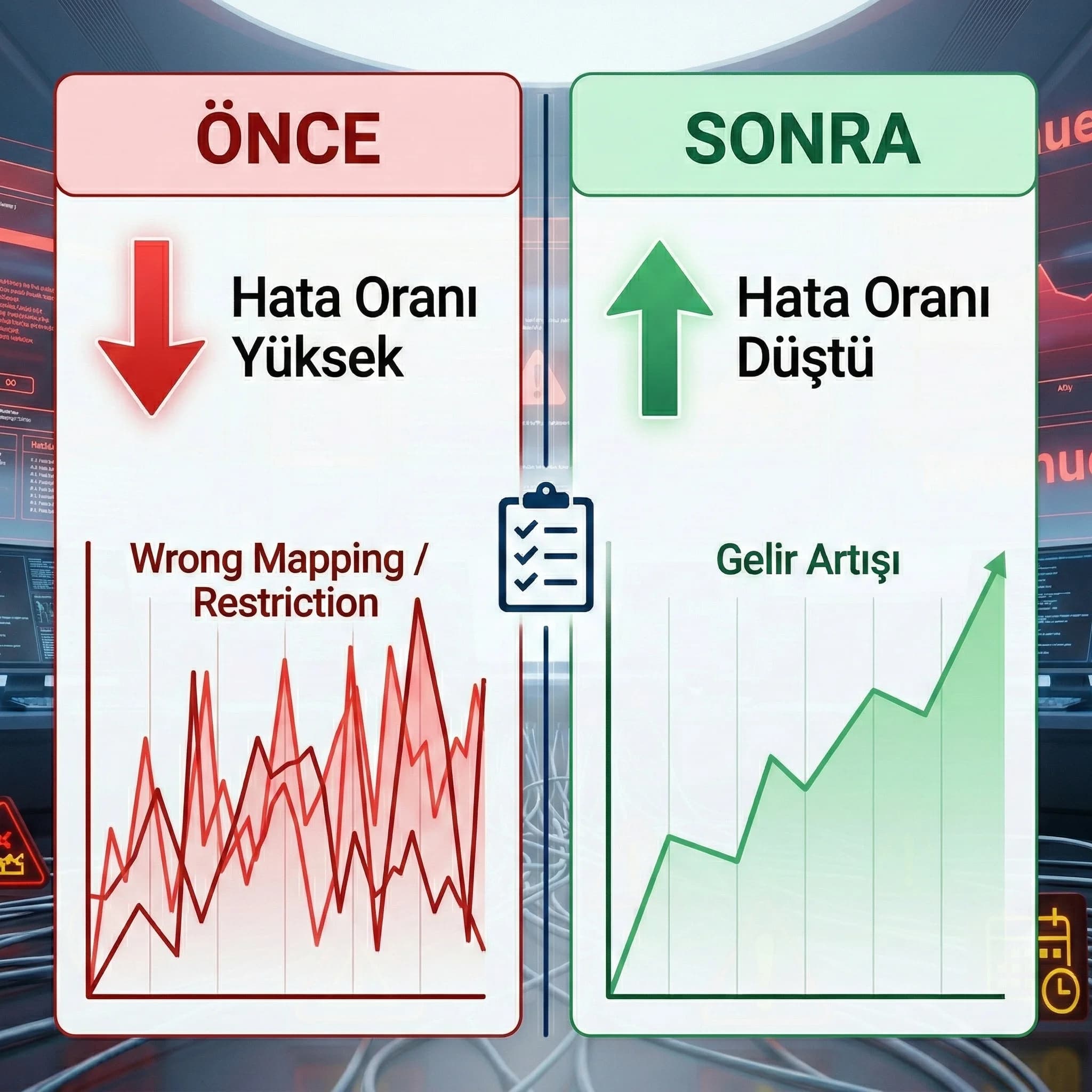Kontrol listesi sonrası yanlış fiyat ve kısıt hatası azalmasını gösteren KPI kartı