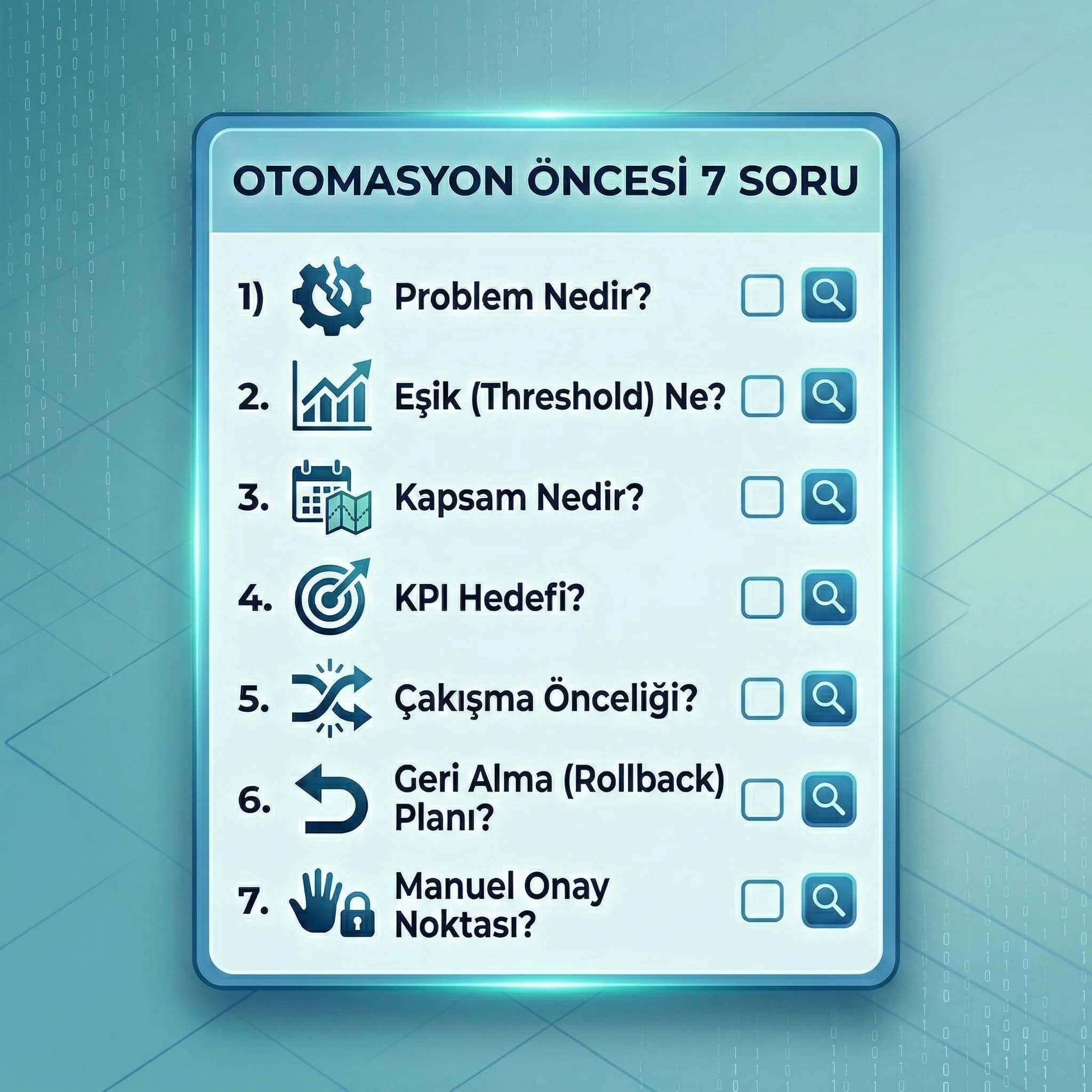Otomasyon kurmadan önce sorulacak 7 soruyu özetleyen checklist kartı