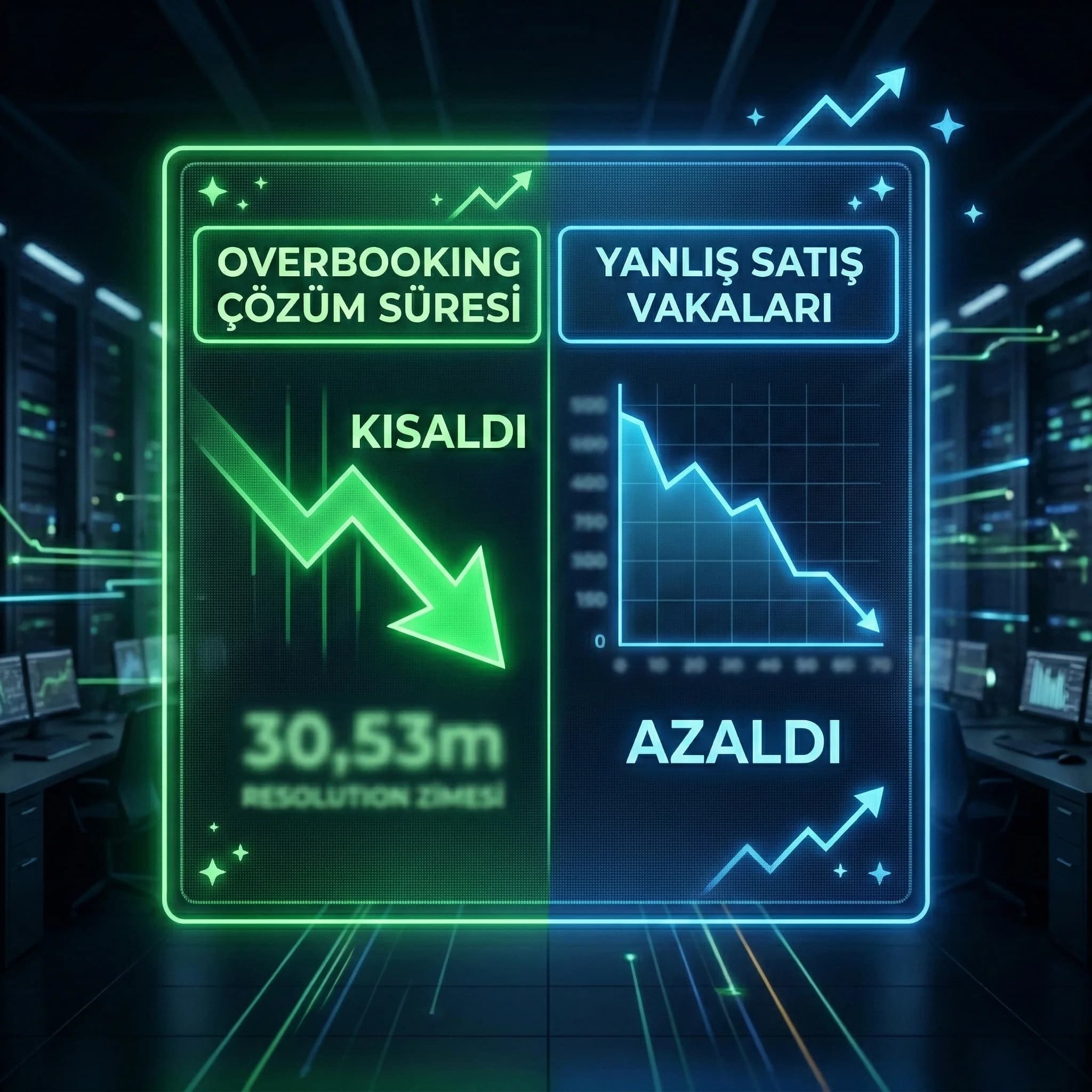 Overbooking çözüm süresi ve yanlış satış vakalarını izleyen KPI kartı