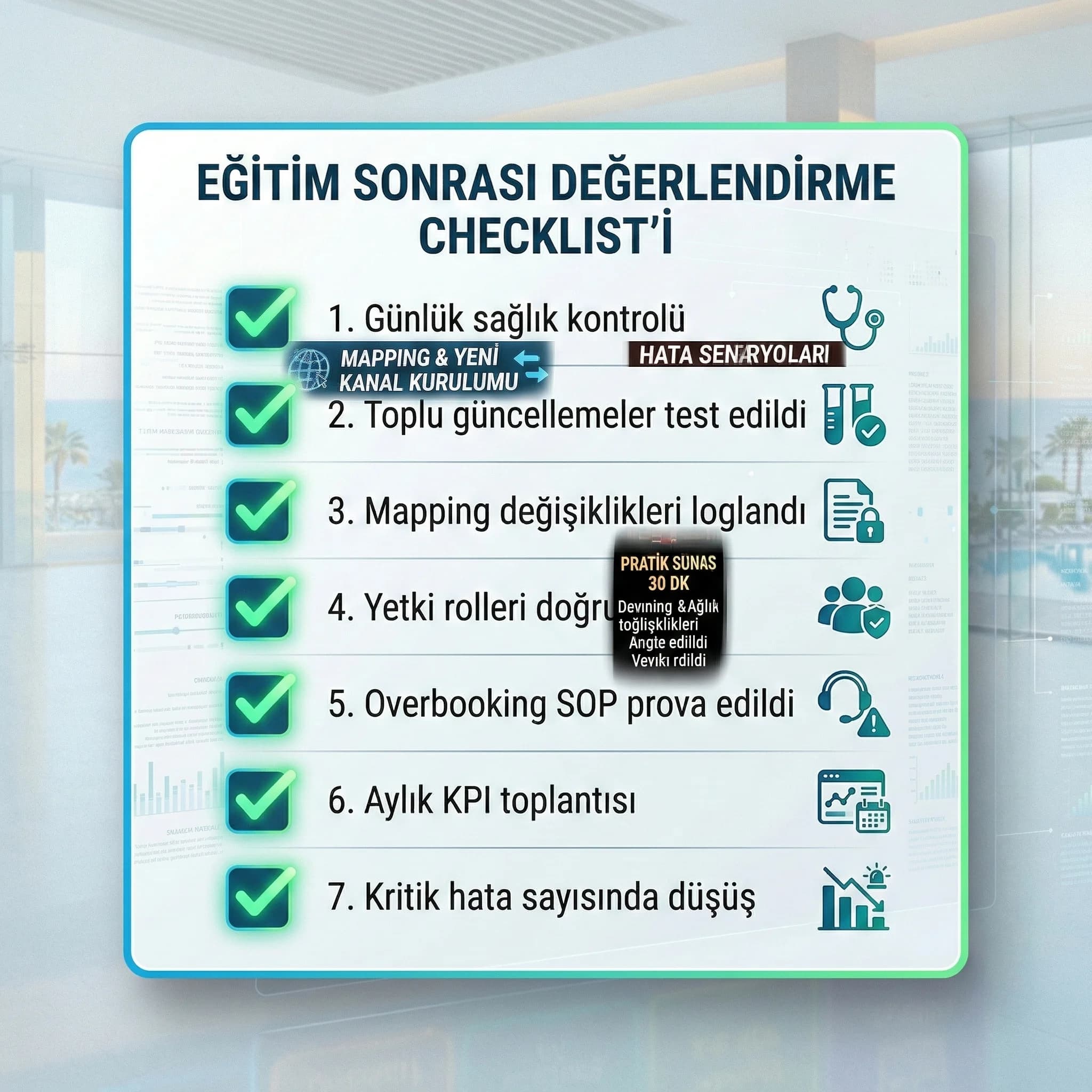 Eğitim sonrası değerlendirme checklist’ini özetleyen kart