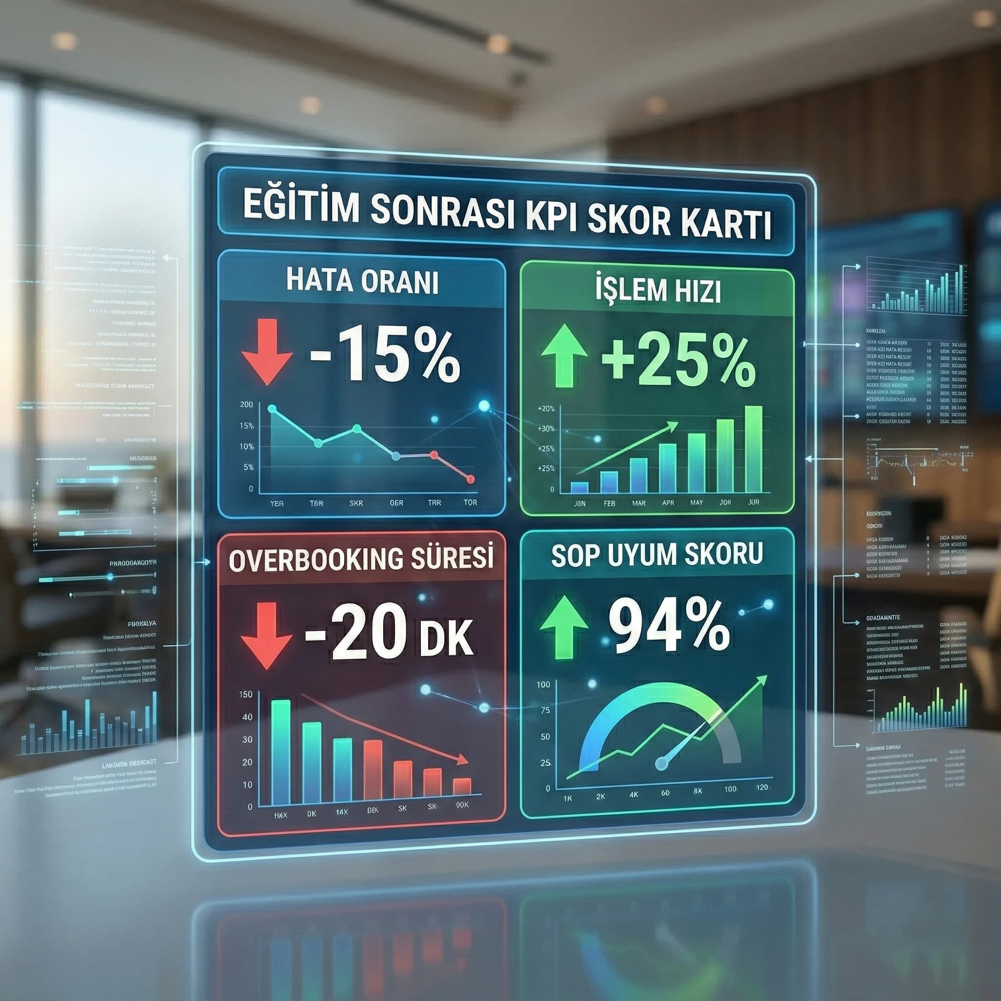 Eğitim sonrası hata oranı ve işlem hızı KPI’larını gösteren skor kartı