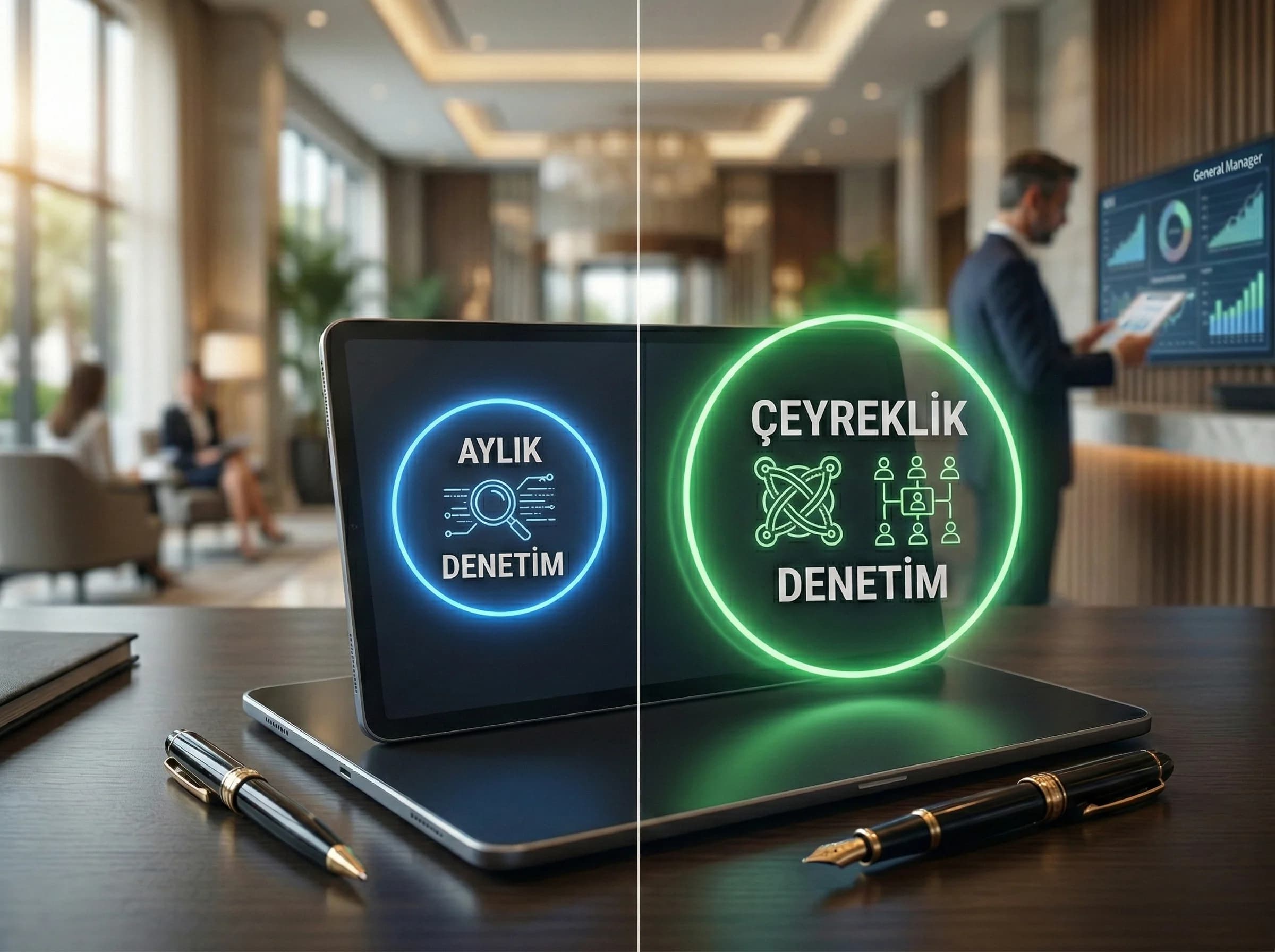 Aylık ve çeyreklik denetim adımlarını ayıran sade bölüm görseli