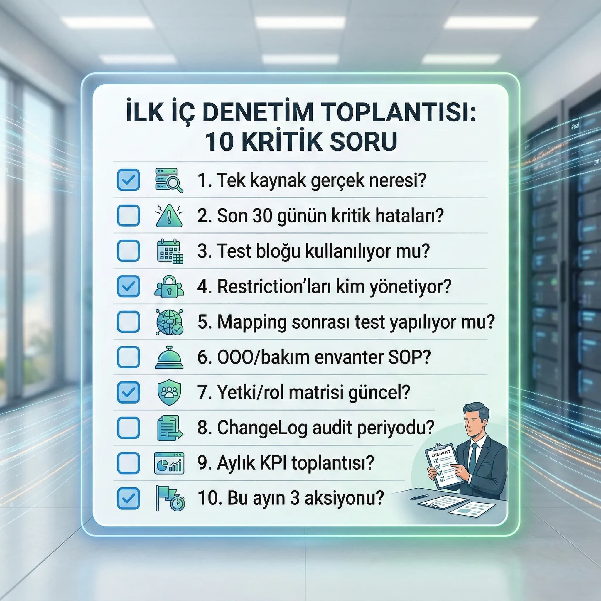 İlk iç denetim toplantısı için 10 soruluk checklist kartı