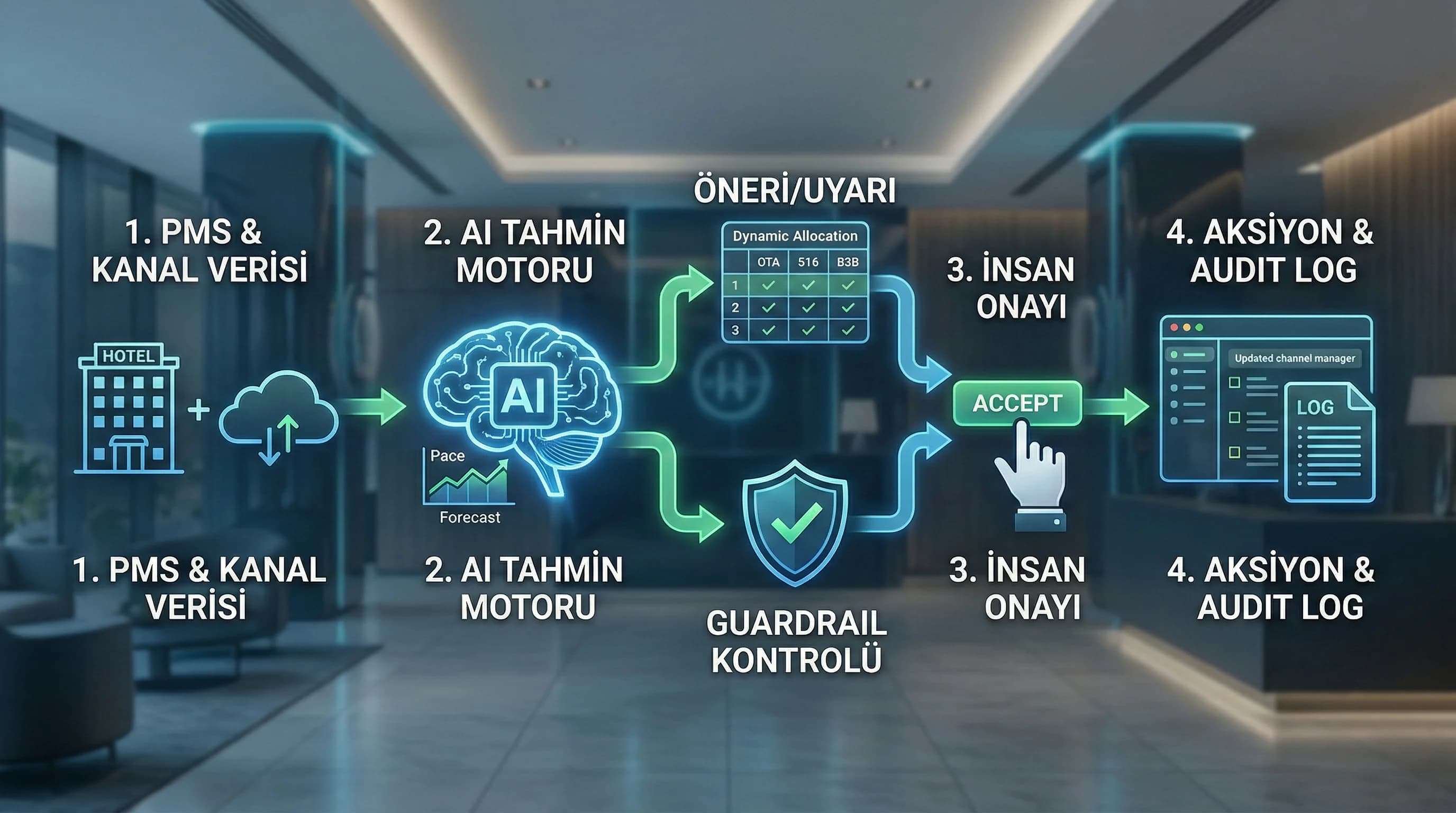 PMS kanal verisi AI motoru öneri akışı otel bağlamı