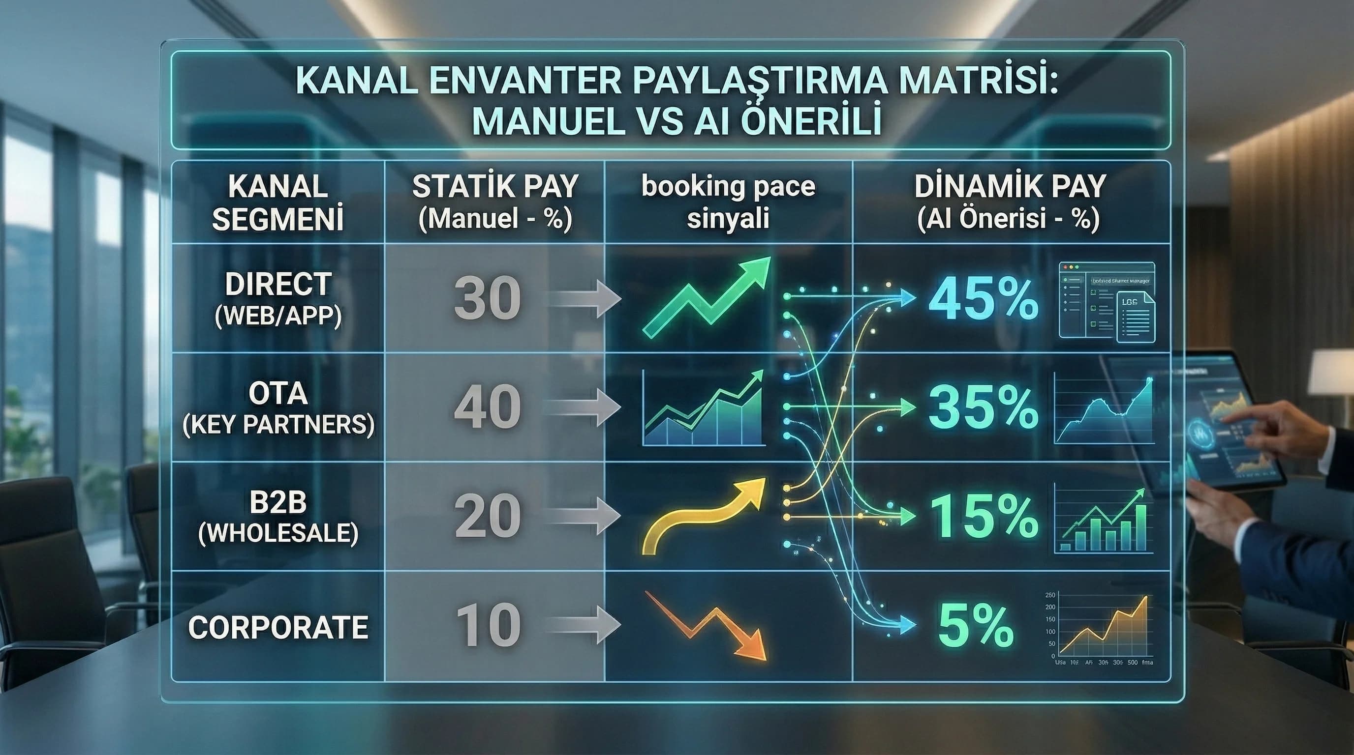 AI motoru pace okur envanter önerir otel kanal bağlamı