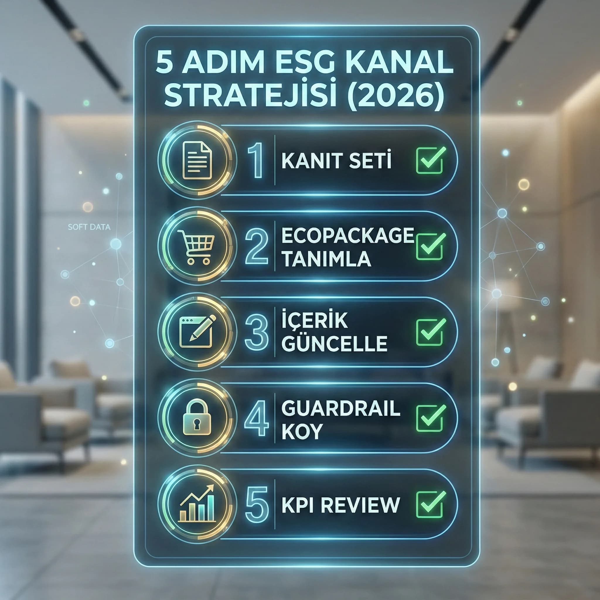 ESG odaklı kanal stratejisi 5 adımını otel bağlamında özetleyen kart