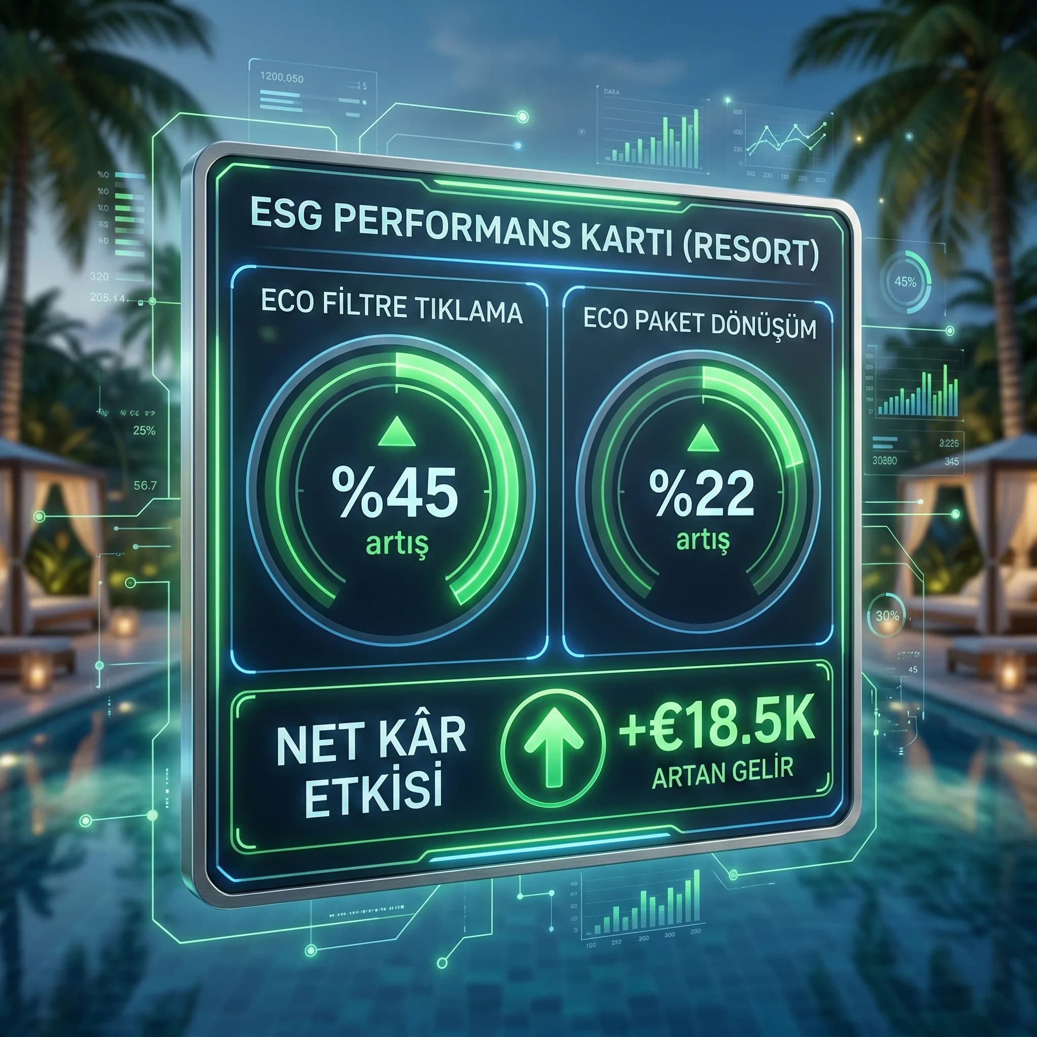 Eco filtre tıklama ve dönüşüm KPI etkisini otel bağlamında özetleyen kart