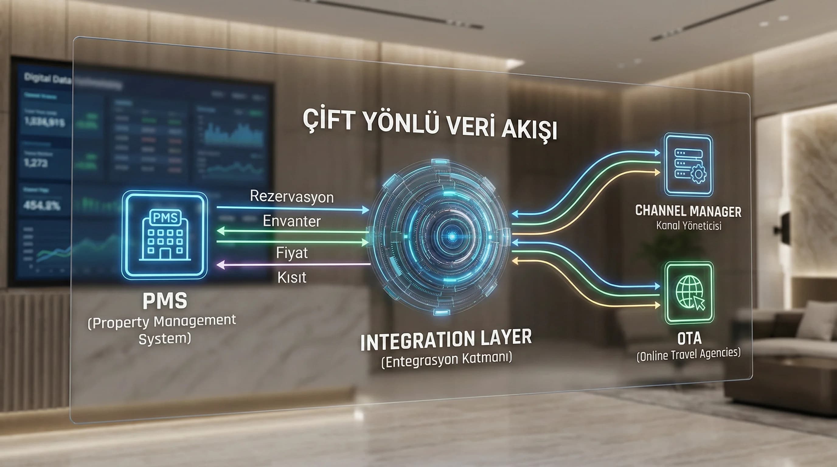 PMS kanal verisi entegrasyon katmanı ile çift yönlü akış otel bağlamı