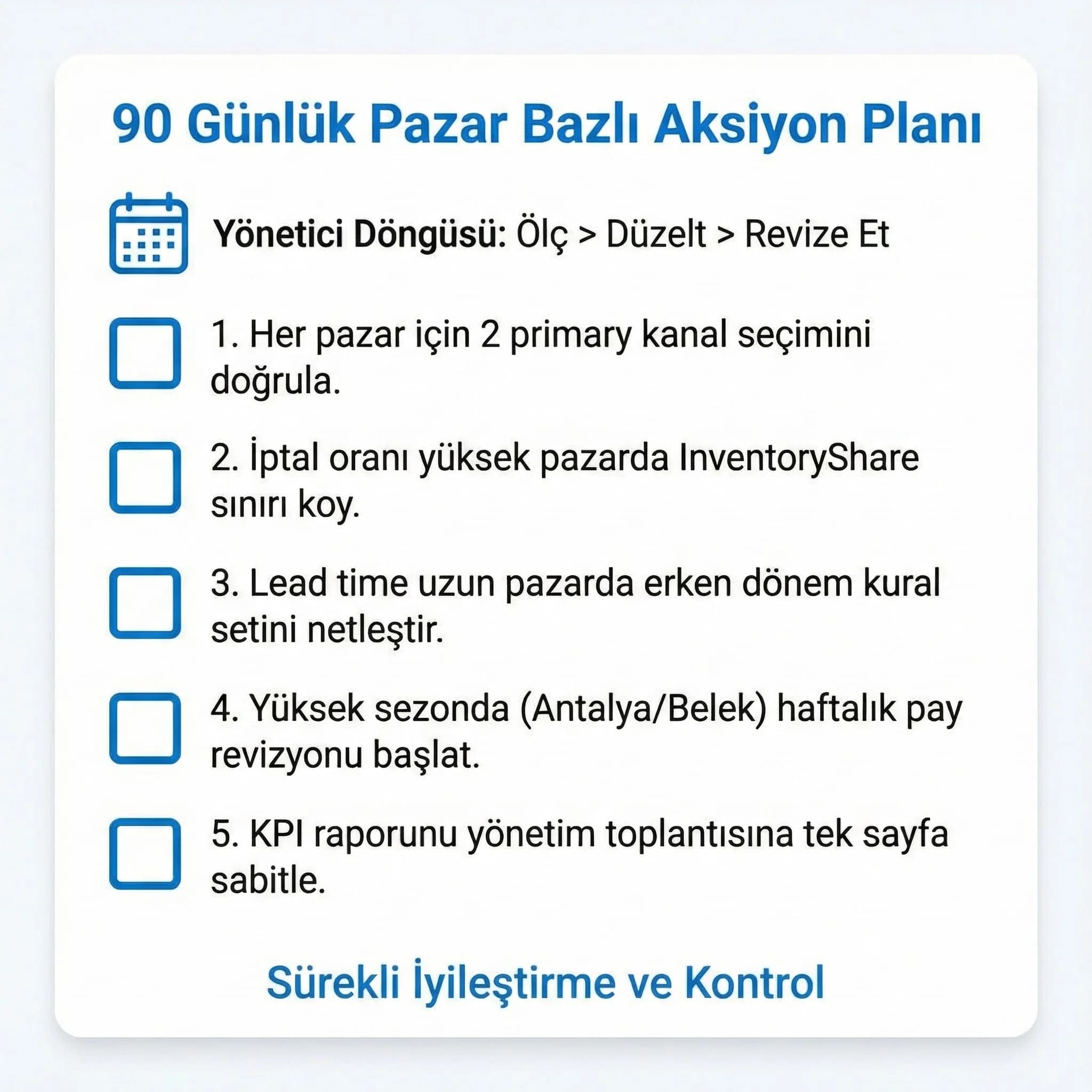 90 günlük pazar bazlı aksiyon planını otel bağlamında özetleyen checklist kartı