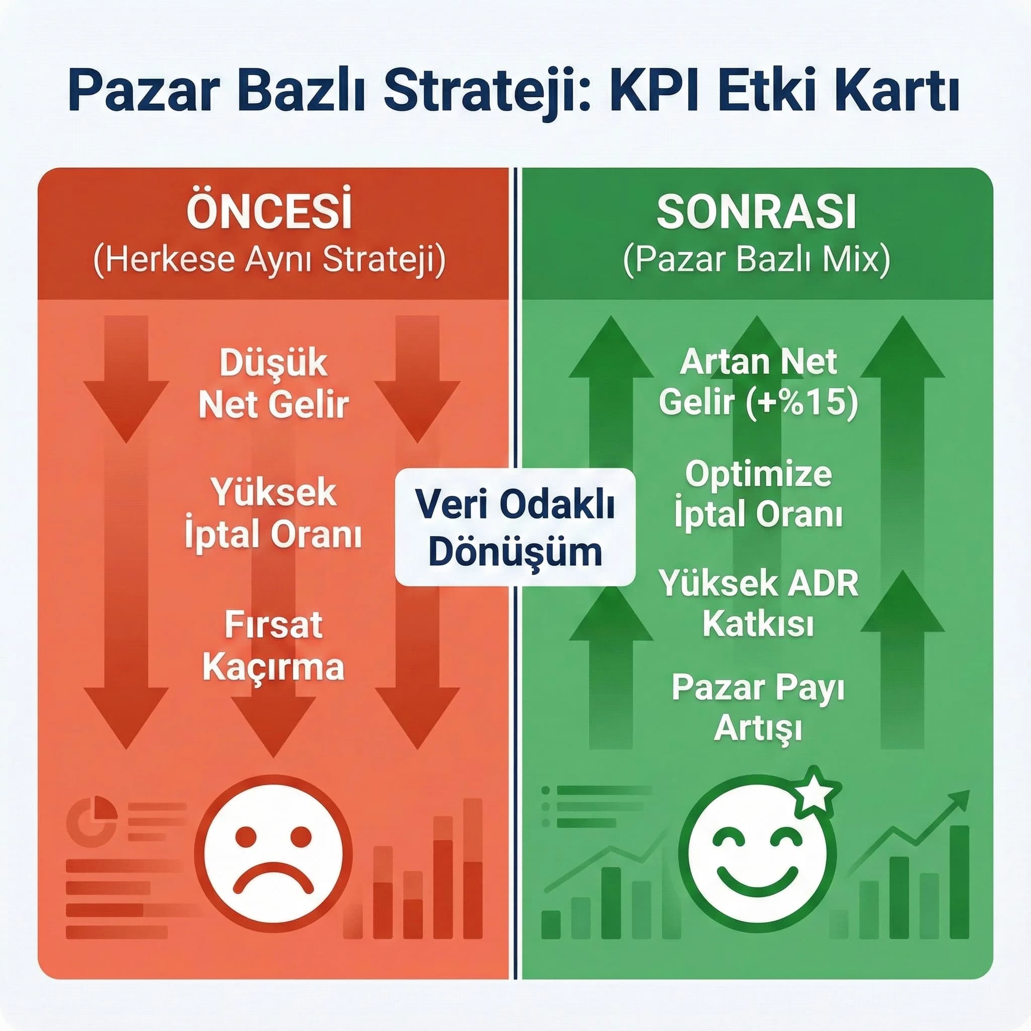 Pazar bazlı kanal karmasının doluluk ve net gelire etkisini gösteren KPI kartı
