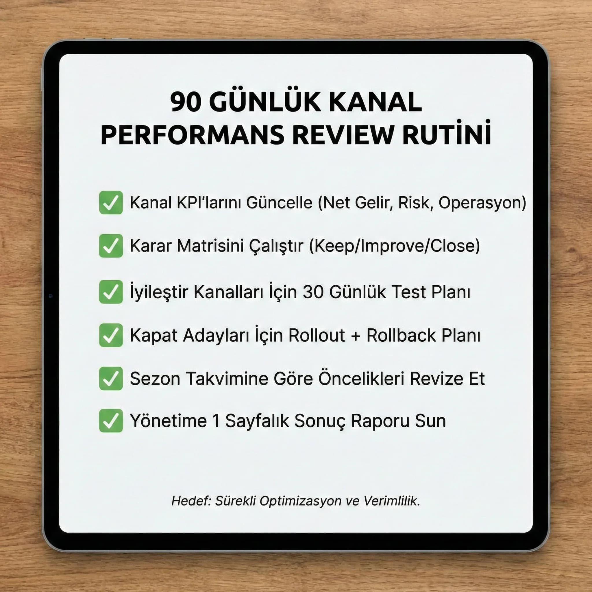 90 günlük kanal performans review akışını özetleyen checklist kartı