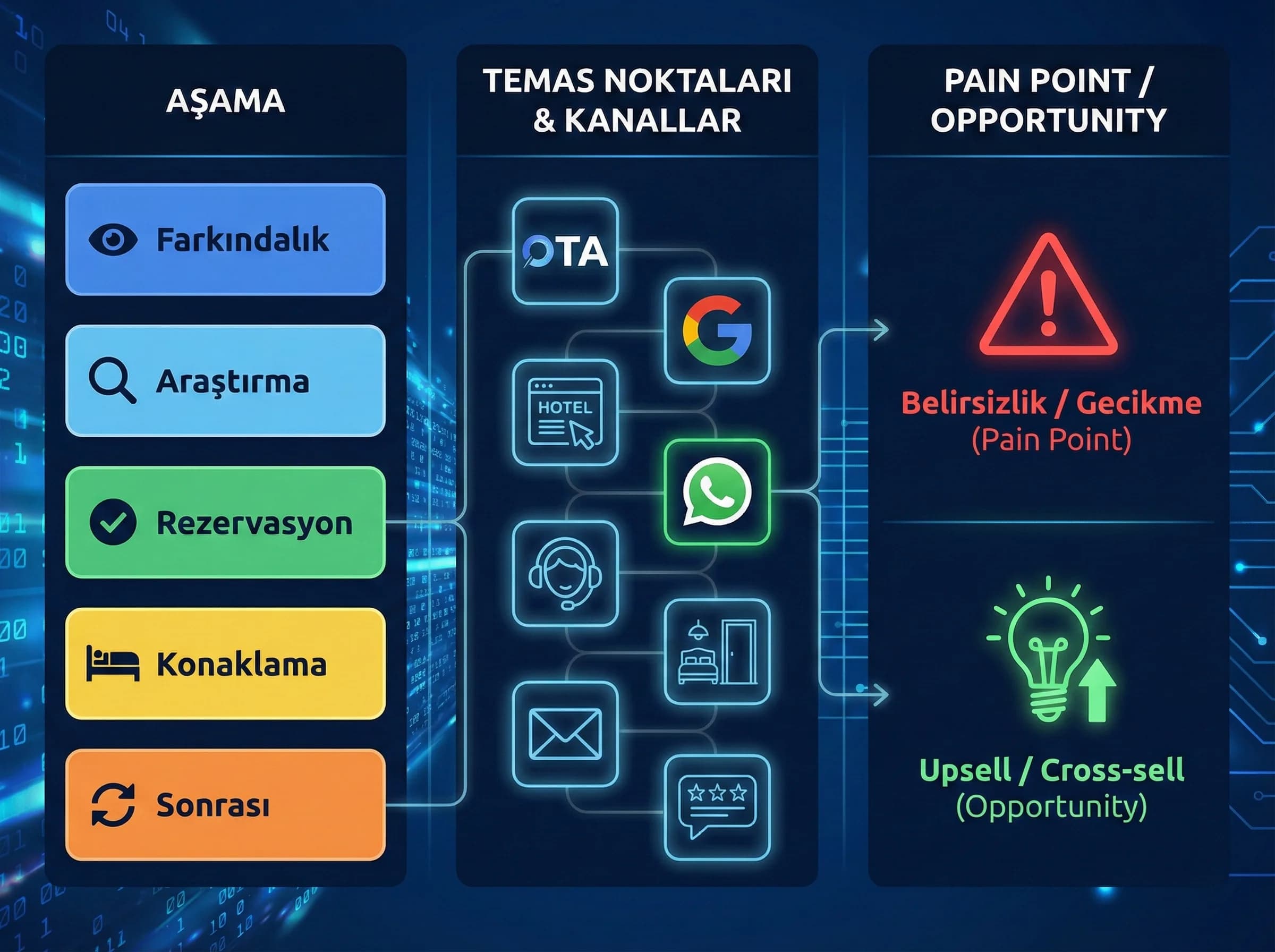 Aşama bazlı temas noktaları tablosu, otel customer journey yapılandırma