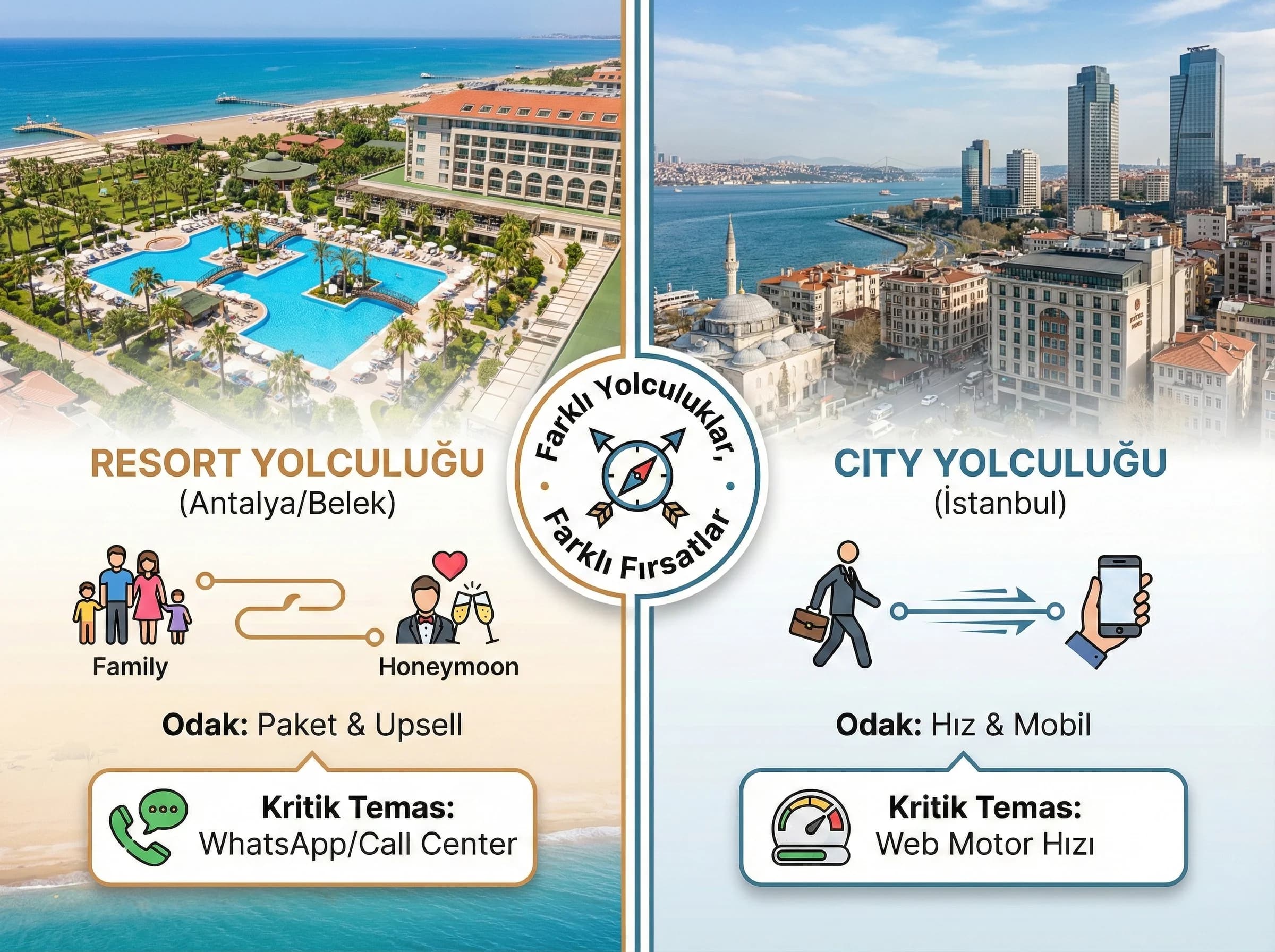 Antalya resort ve İstanbul city journey örnekleri, otel tipine göre farklılaşma