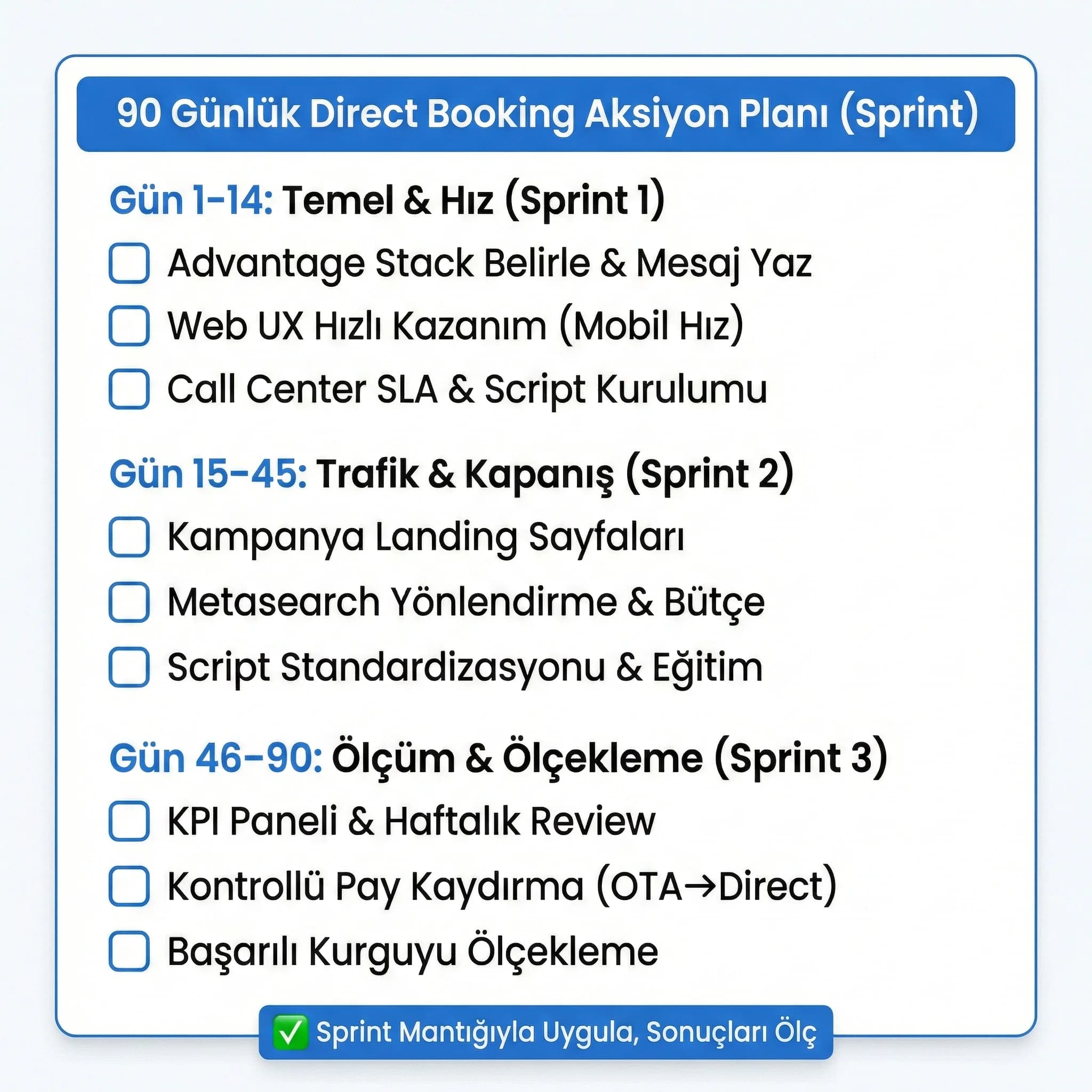 90 gün direct planı, otel ekipleri için uygulanabilir aksiyon kontrol listesi