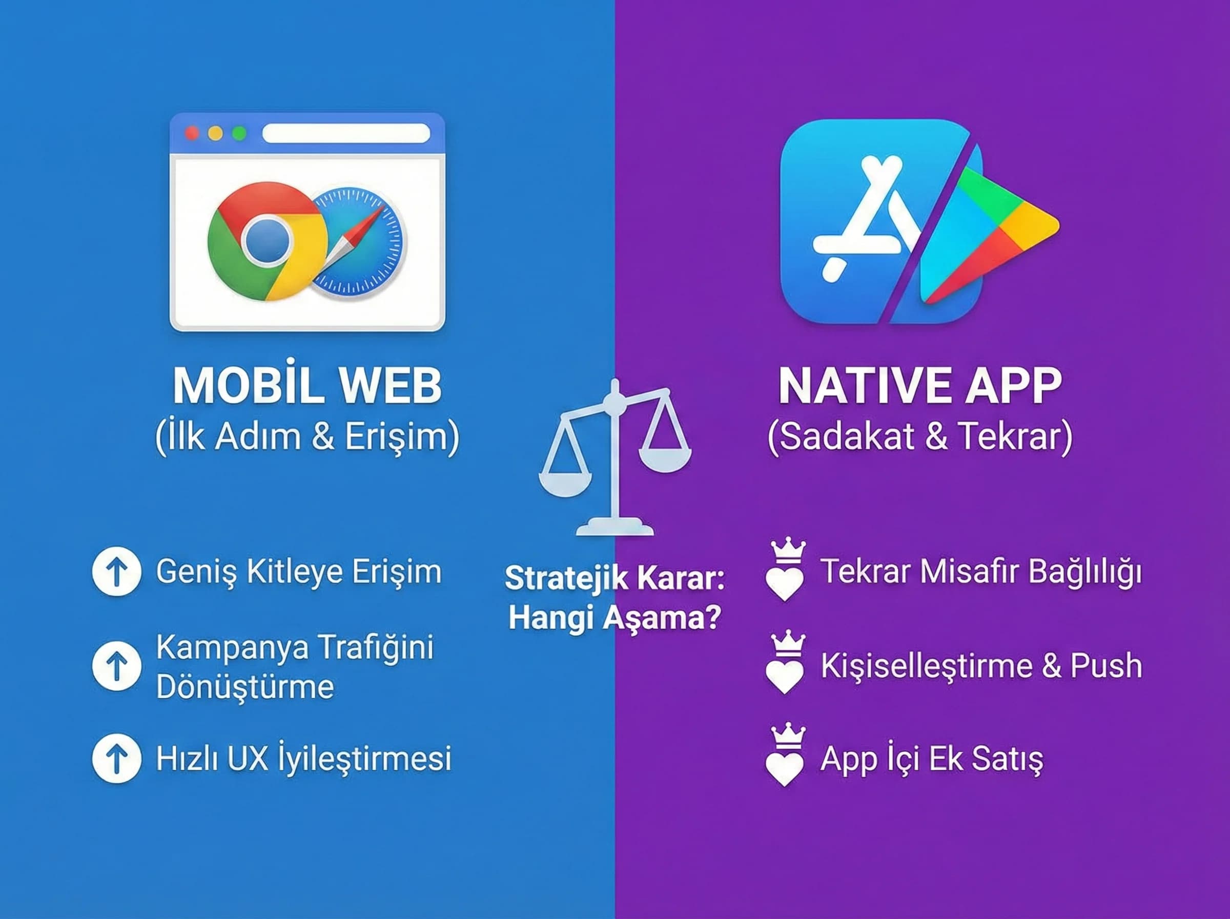 Mobil web vs app kararı, otel ürün stratejisi karşılaştırma bölümü