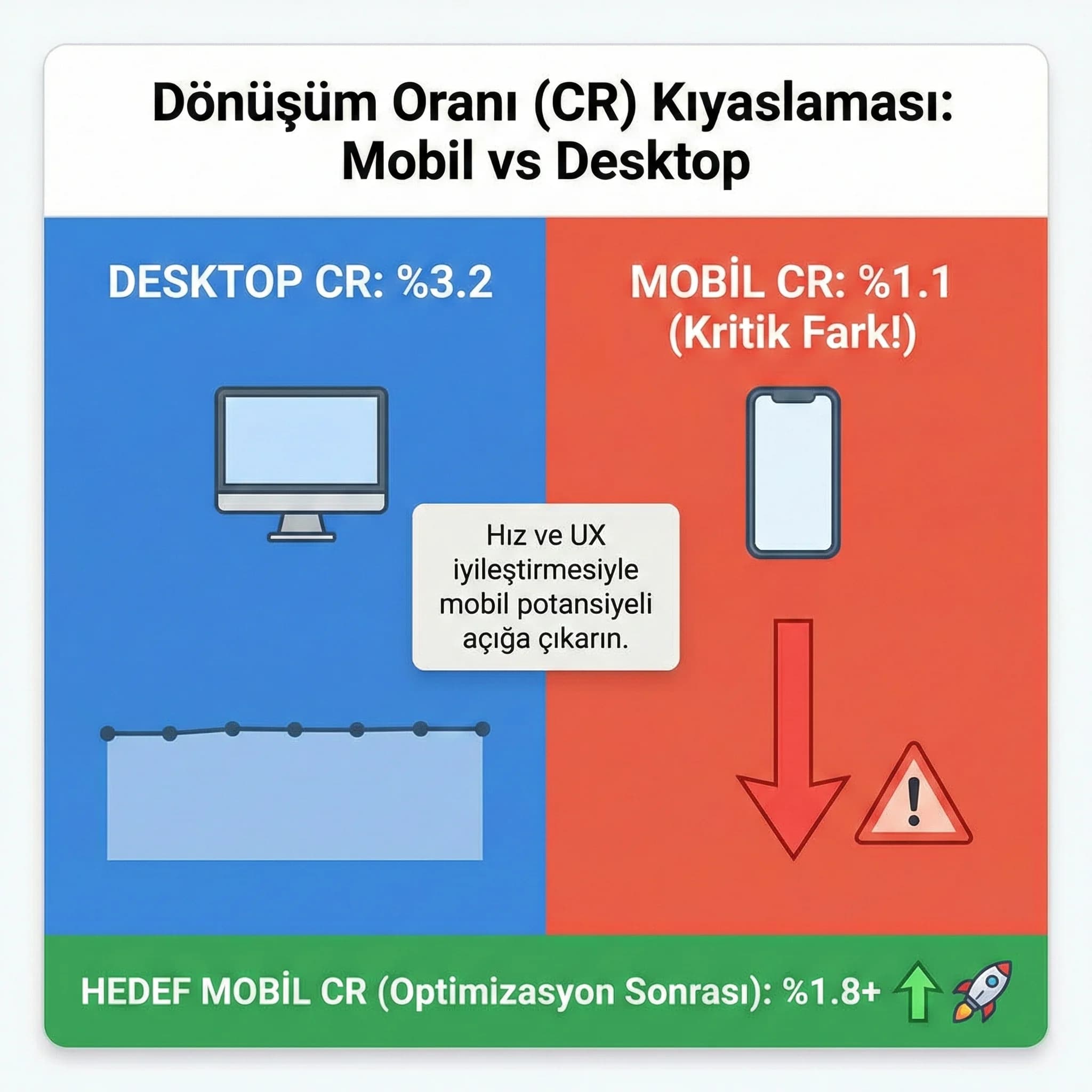 Mobil vs desktop dönüşüm kıyası, hız iyileştirmesi sonrası KPI değişimi