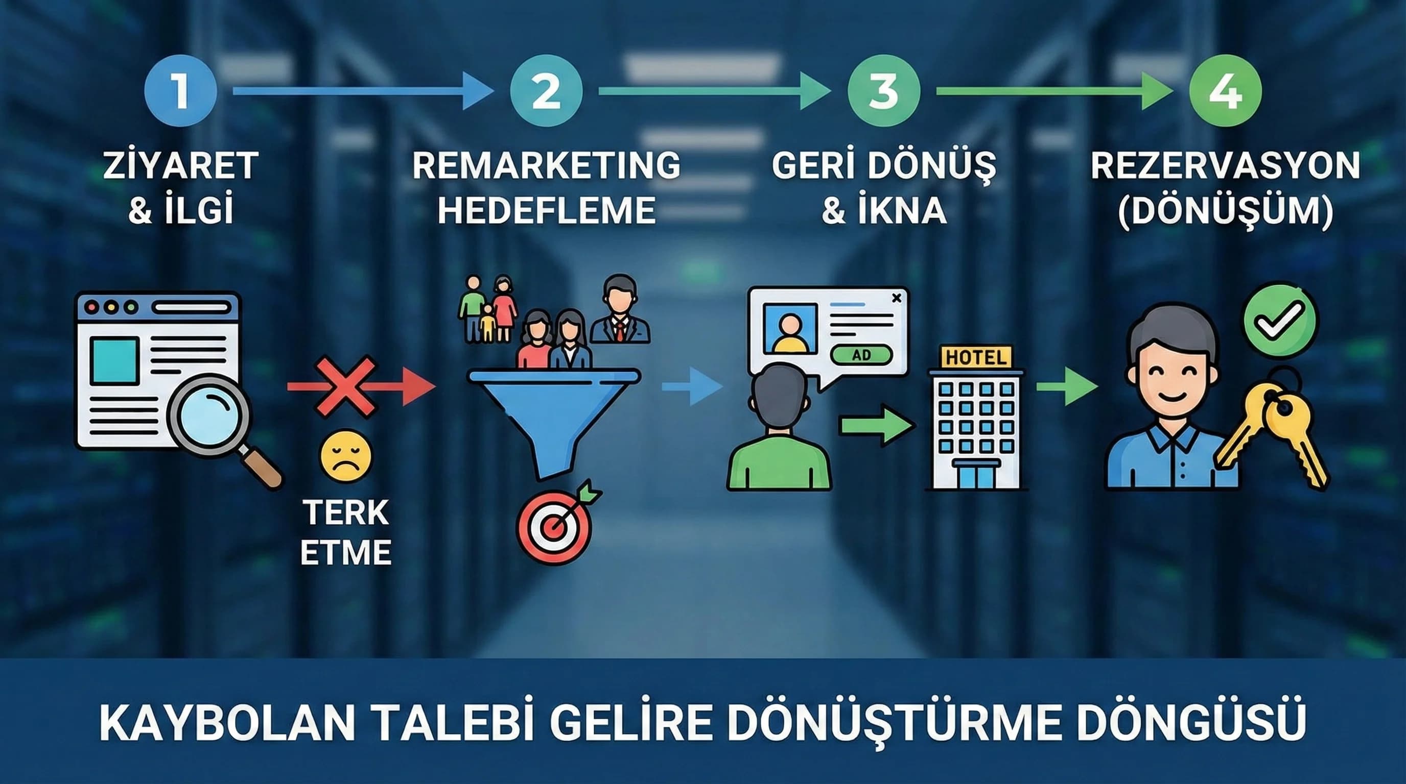 Remarketing akışı bağlamı, ziyaret terk geri dönüş rezervasyon yolculuğu