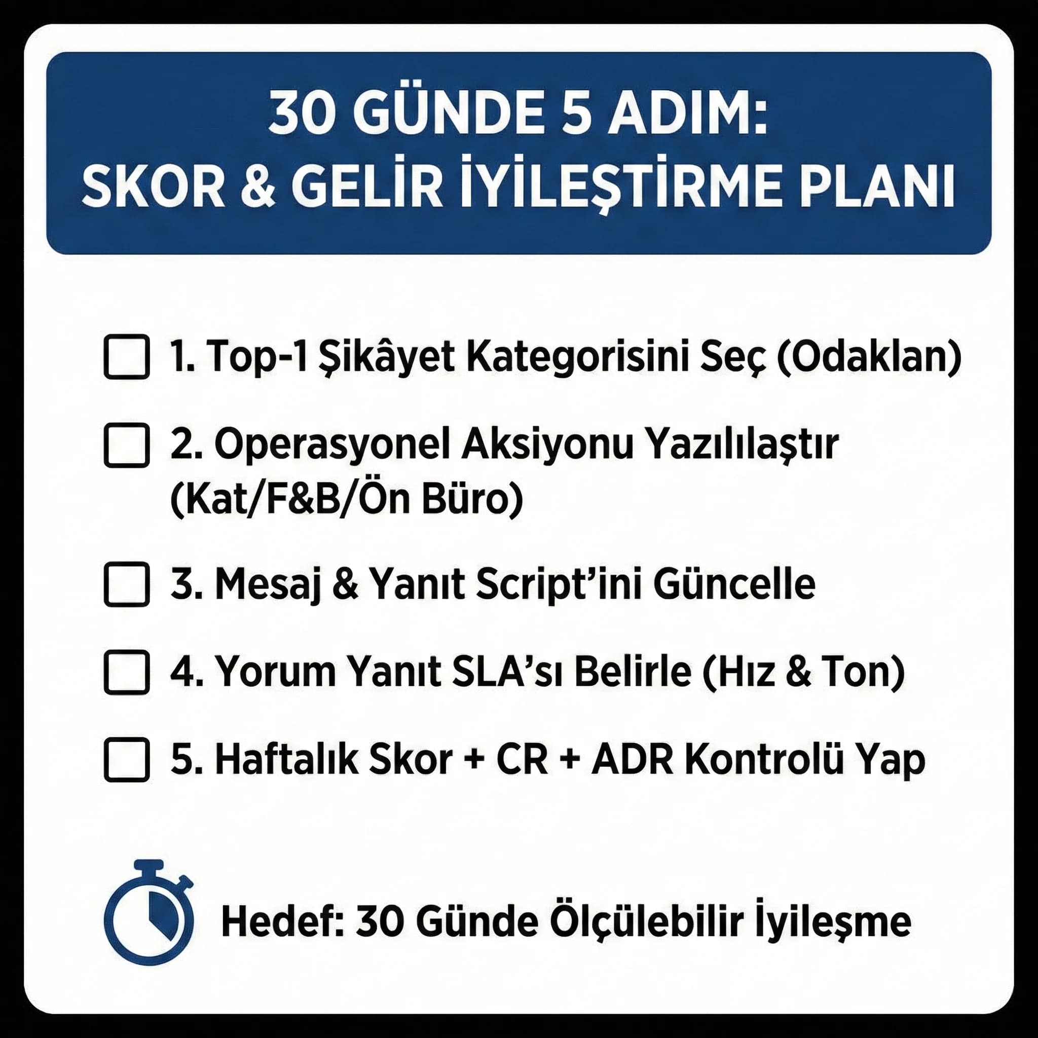 30 günde 5 iyileştirme adımı, yorum skoru artırma çalışma kartı