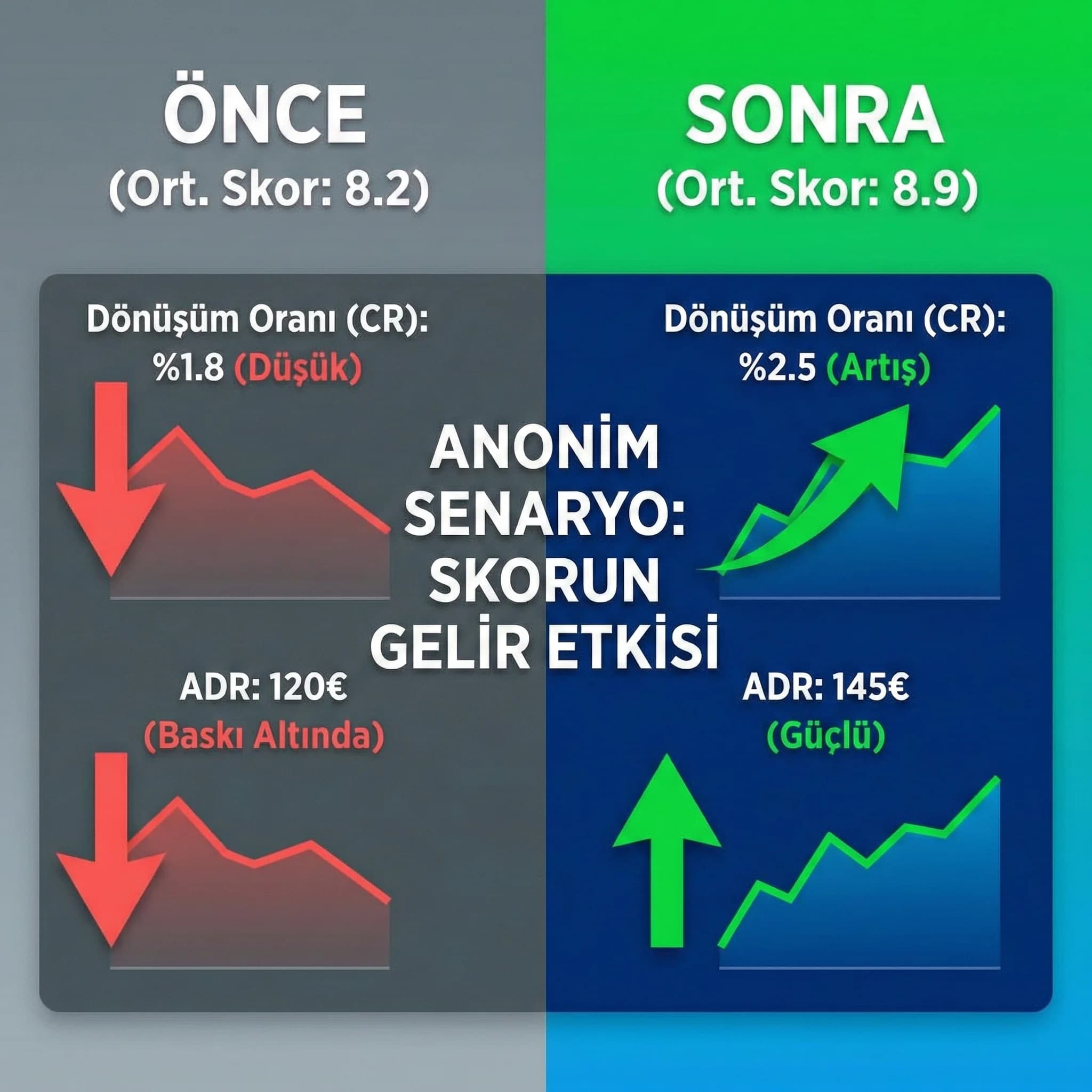 Skor artışı sonrası dönüşüm ve ADR kıyası, anonim KPI özet kartı