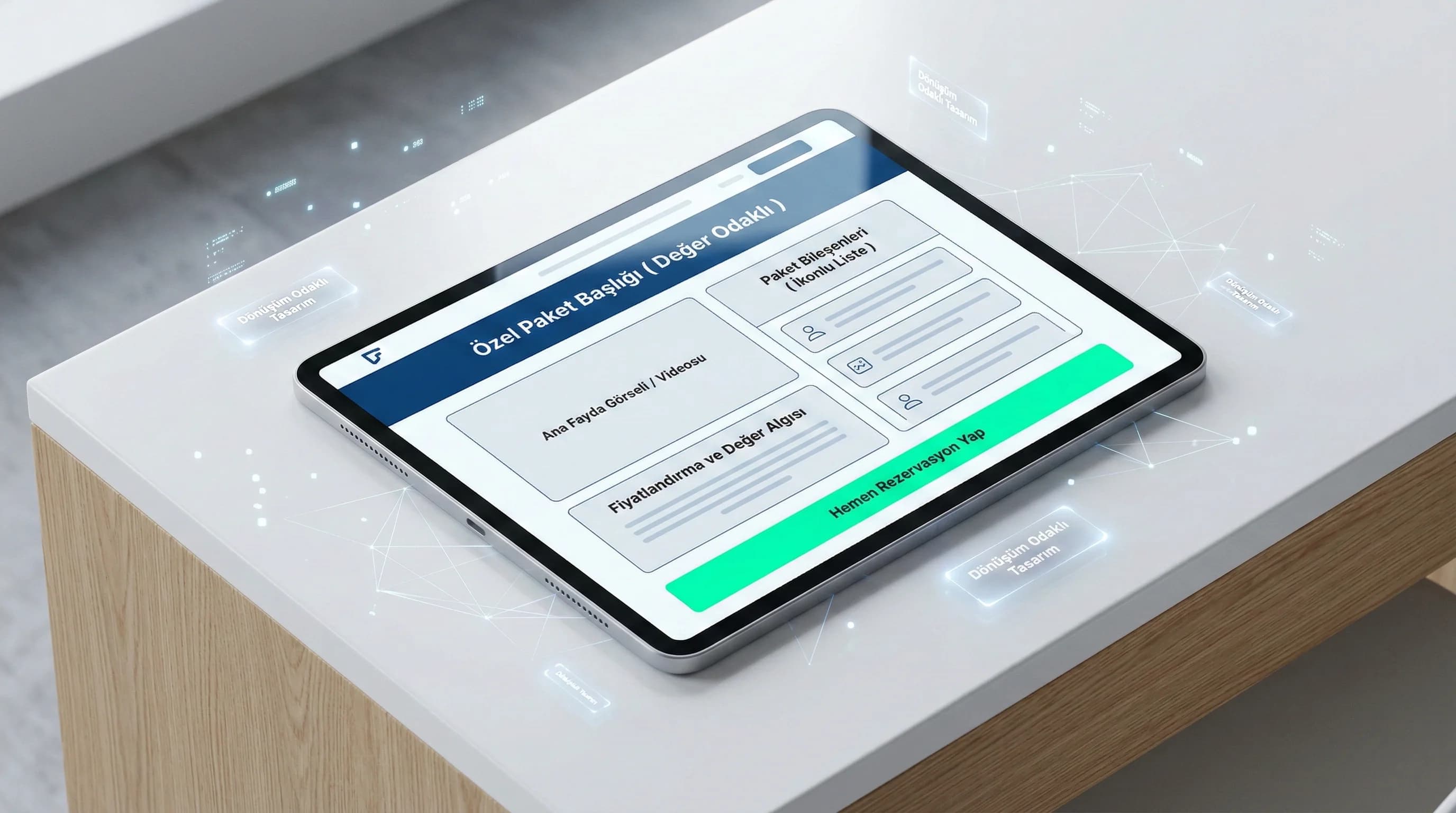 Paket landing wireframe bağlamı, tek hedefli teklif sayfası kurgusu