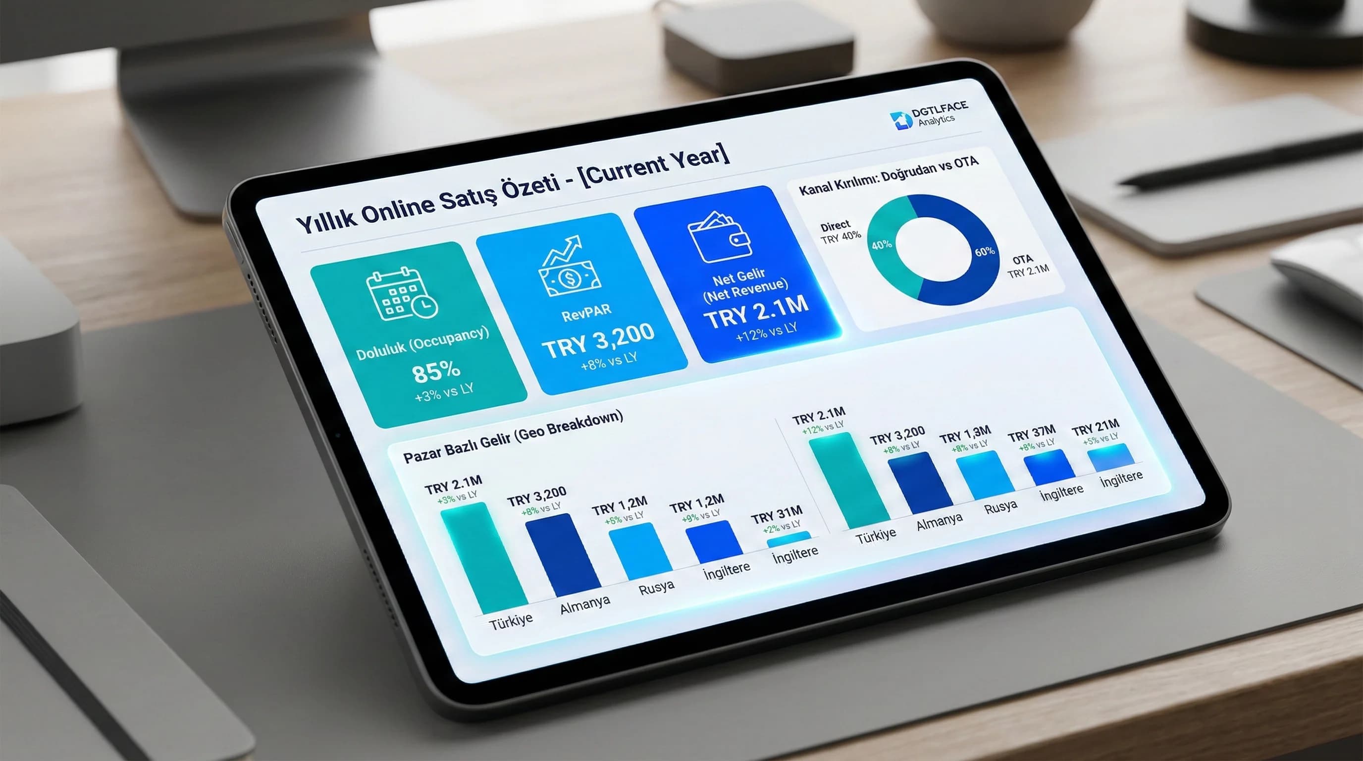 Yıllık özet dashboard mockup, otel KPI ve kanal kırılımıyla okuma