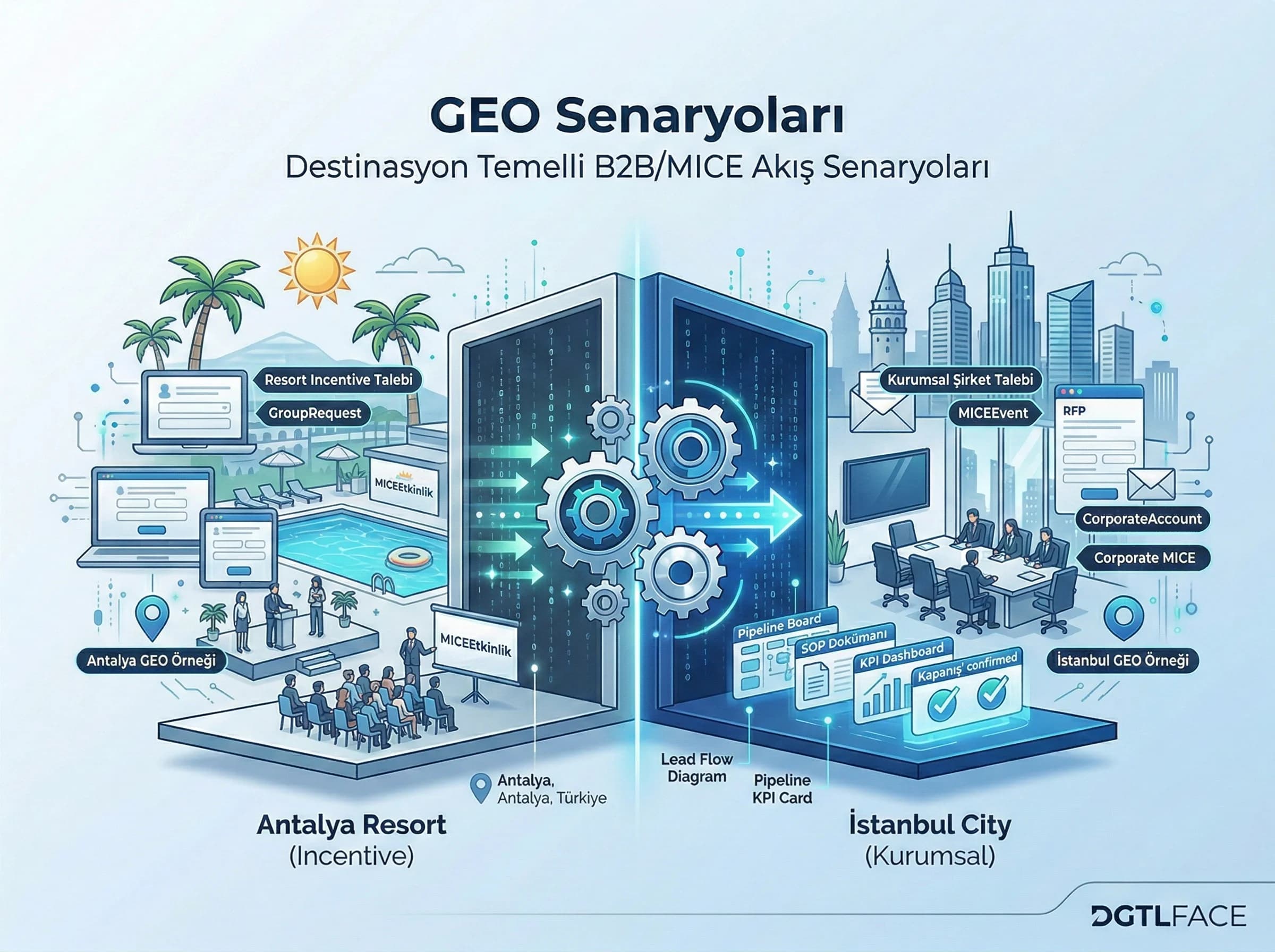 Antalya resort ve İstanbul city B2B/MICE senaryoları, destinasyona göre akış”