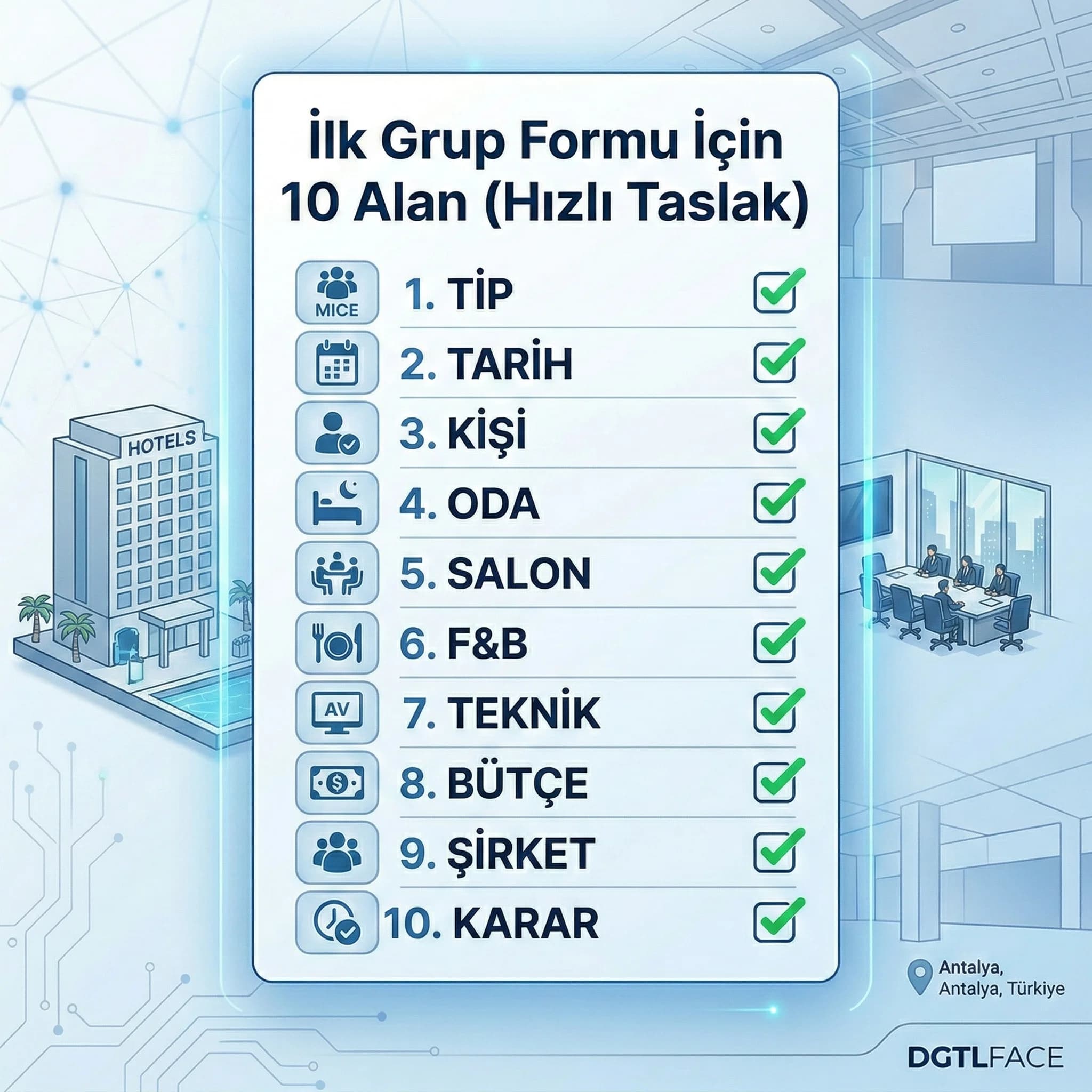İlk grup formu için 10 alan, satış ekibi için hızlı uygulama kartı