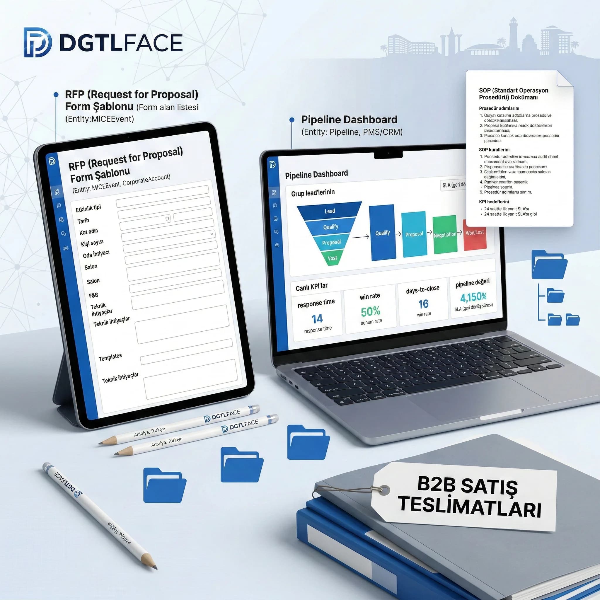 RFP form, pipeline ve SOP teslimatları, B2B satış sistemini ölçekleme