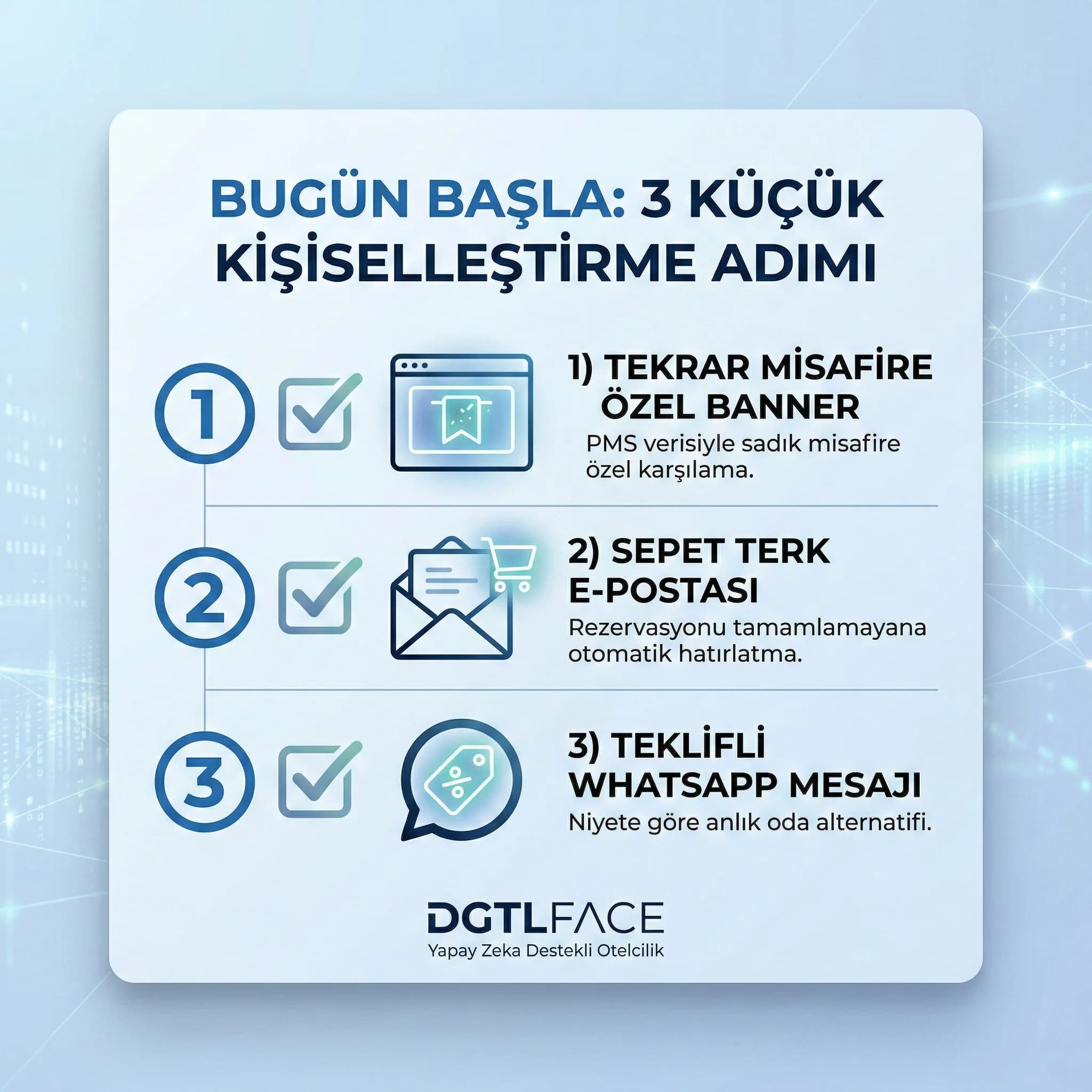 Üç hızlı kişiselleştirme adımı, otel ekipleri için uygulanabilir başlangıç planı