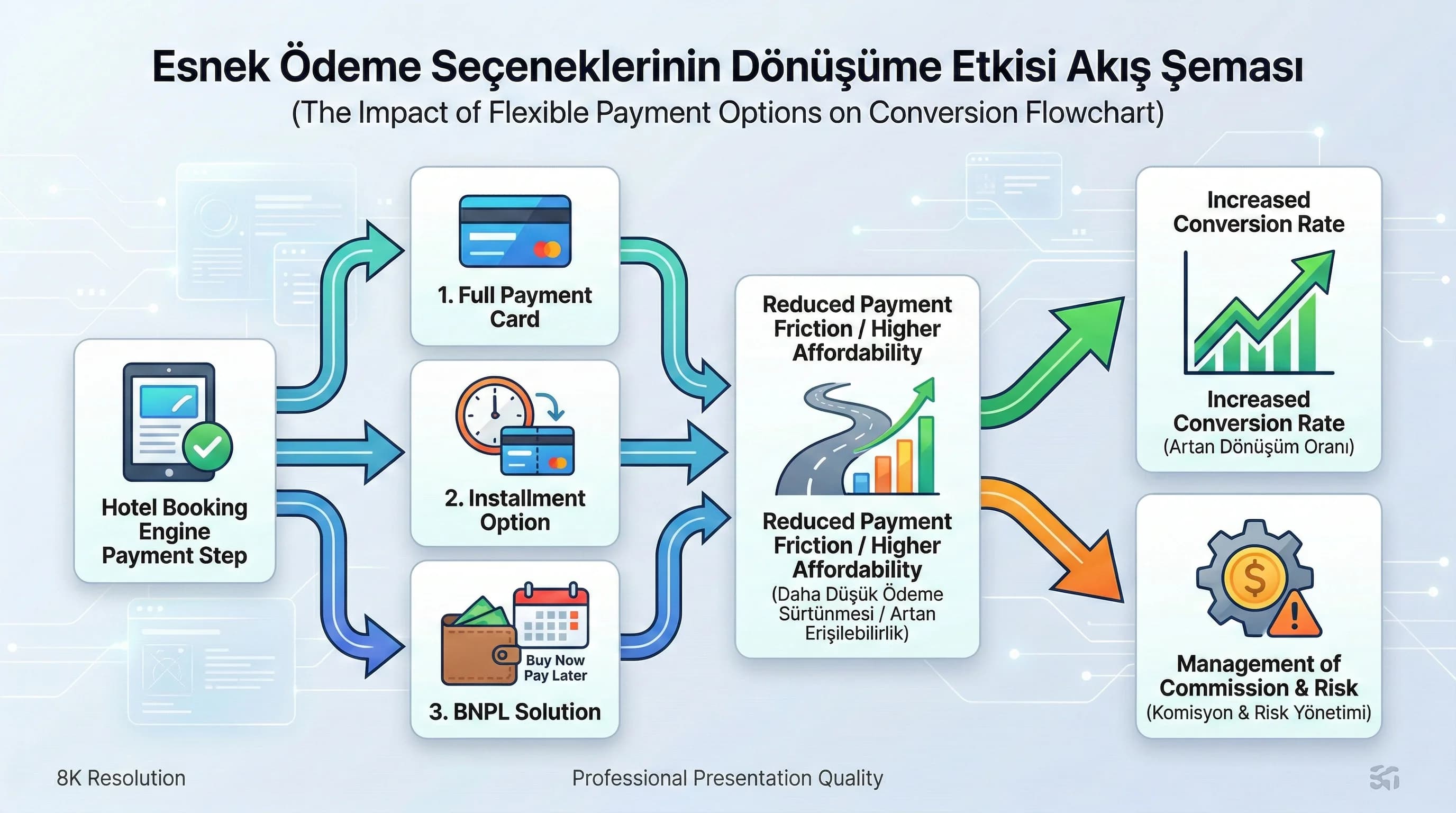 Esnek ödeme seçenekleri dönüşümü artırır, maliyet ve riski etkiler akış şeması