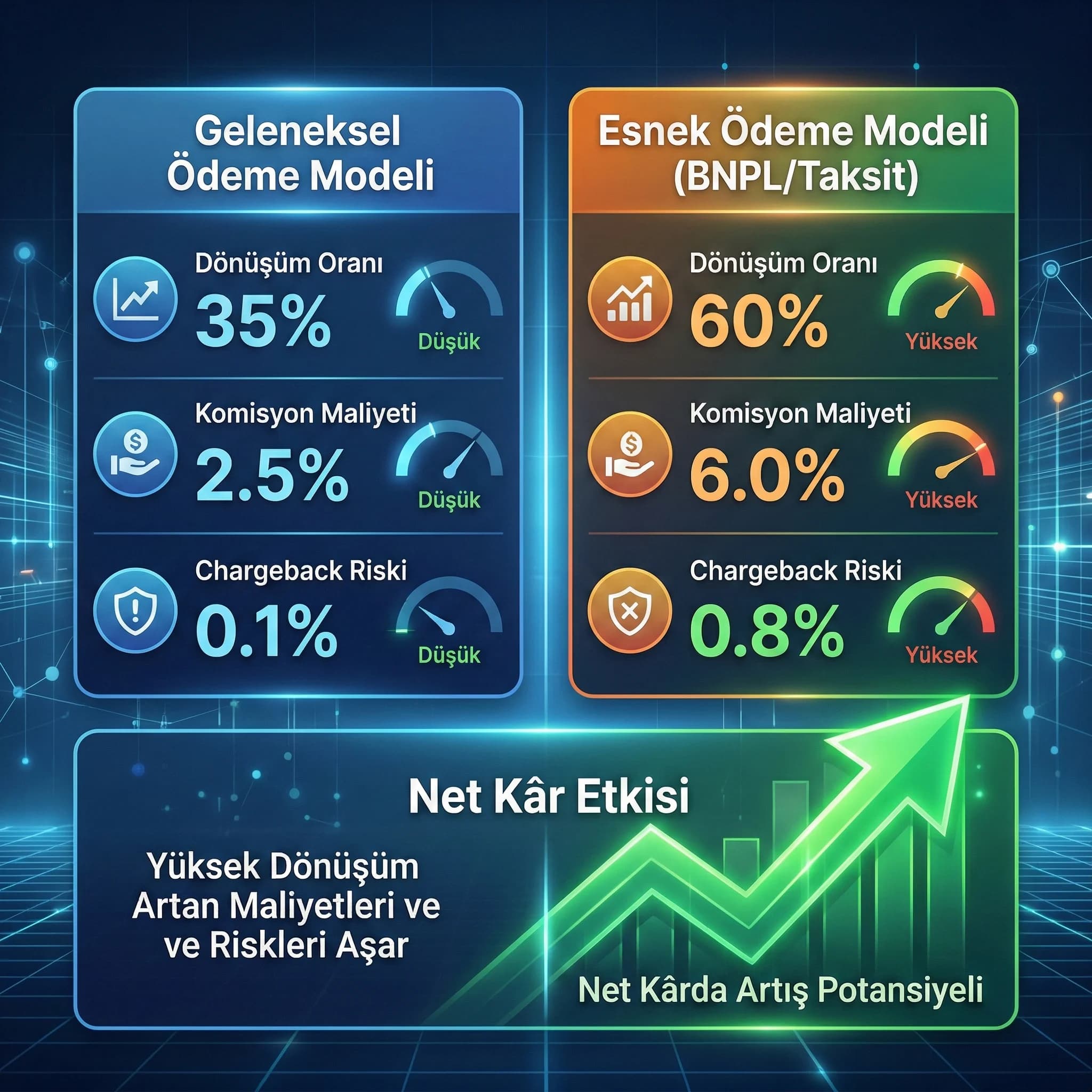 Conversion ve risk KPI kartı, net etkiyi hızlı kıyaslama