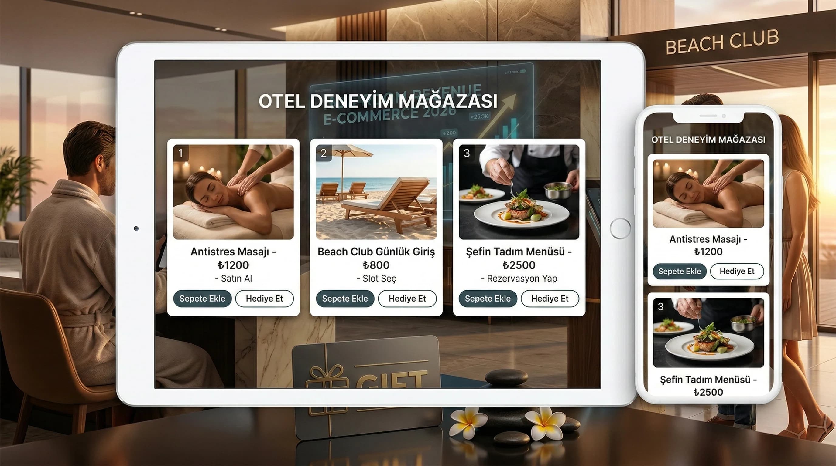 Otel e-ticaret vitrini mockup, kategori sayfası ve ürün kartları