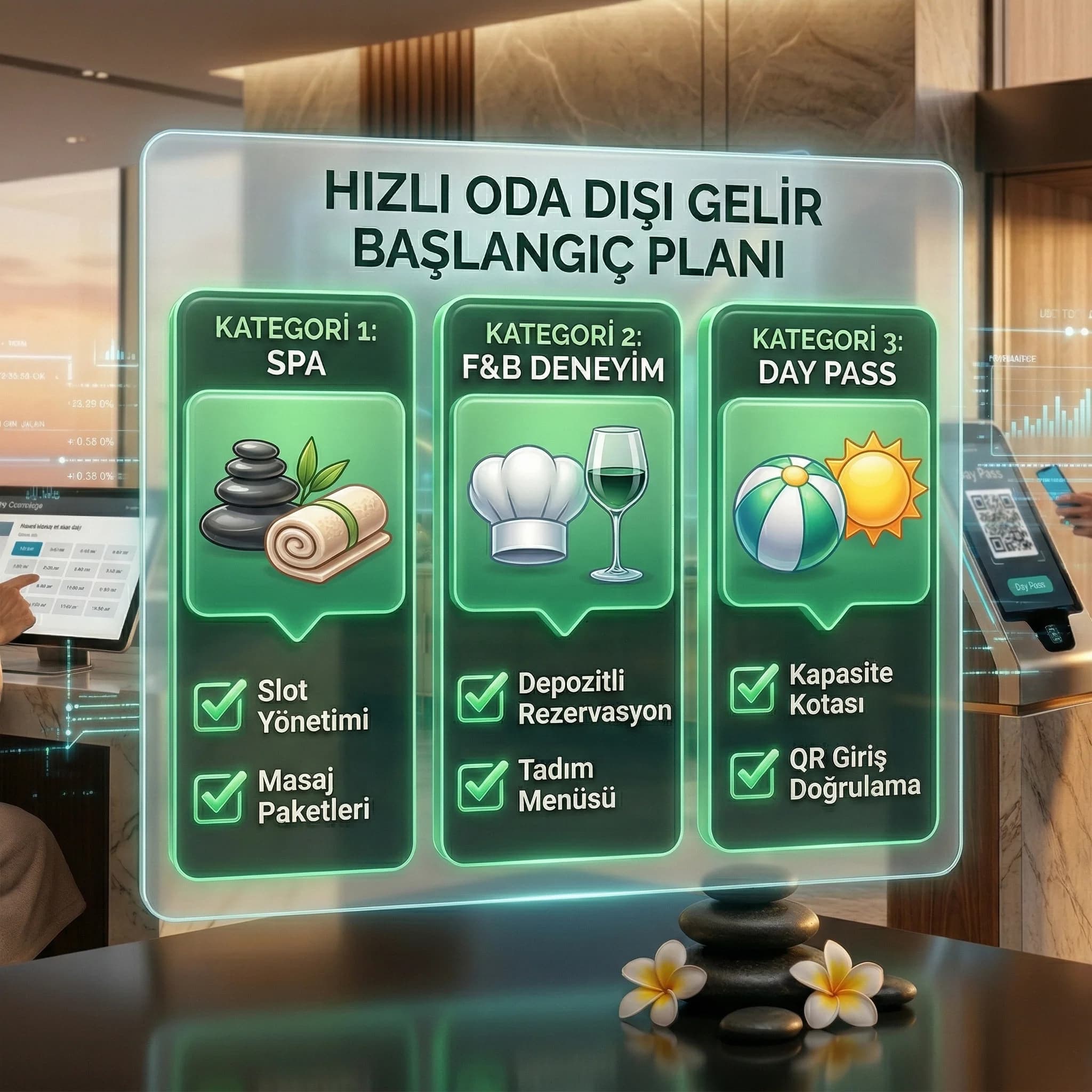 Oda dışı gelir payı KPI kartı, kategori bazlı gelir dağılımı