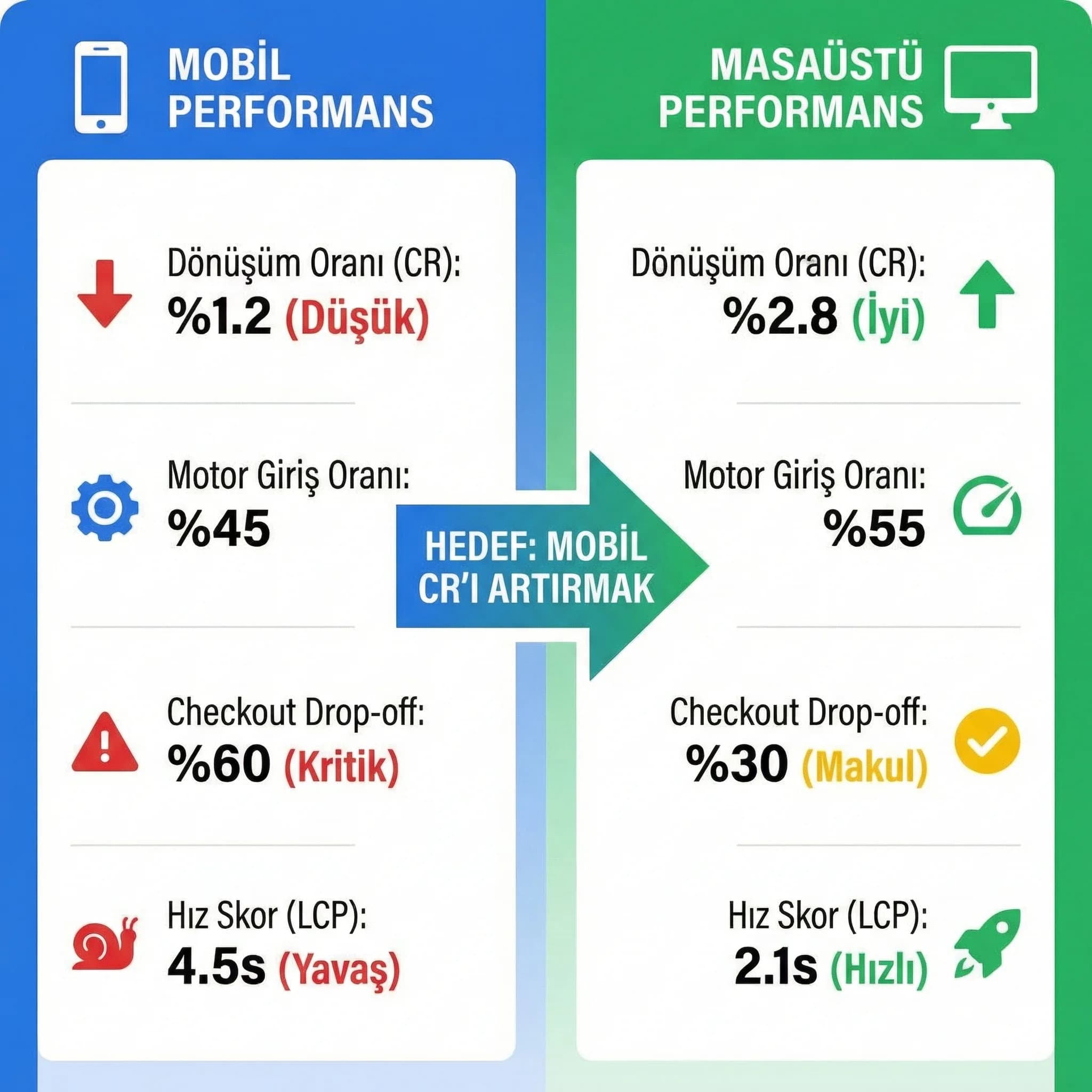 Mobil vs masaüstü dönüşüm KPI kartı, otel web performansını kıyaslama