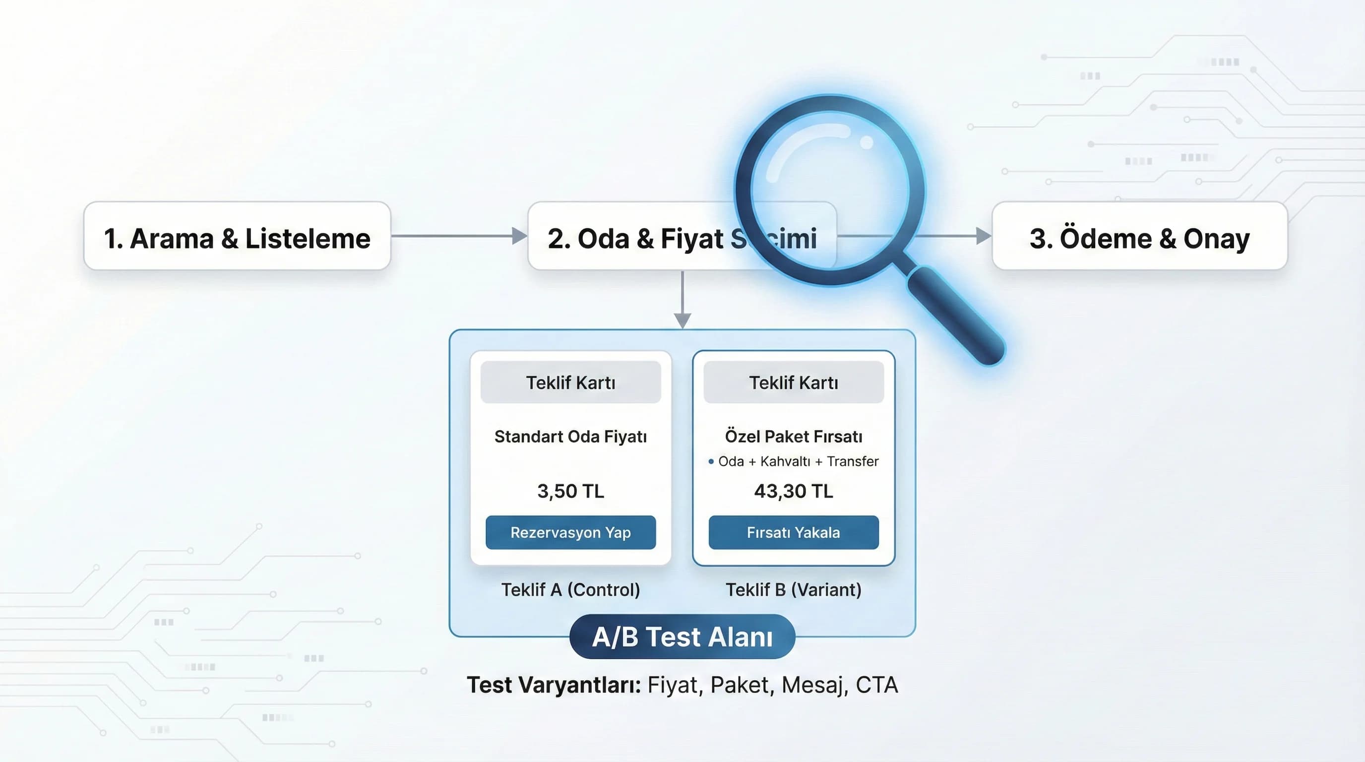 Kontrol ve test grubu mantığı, otel booking funnel test bağlamı