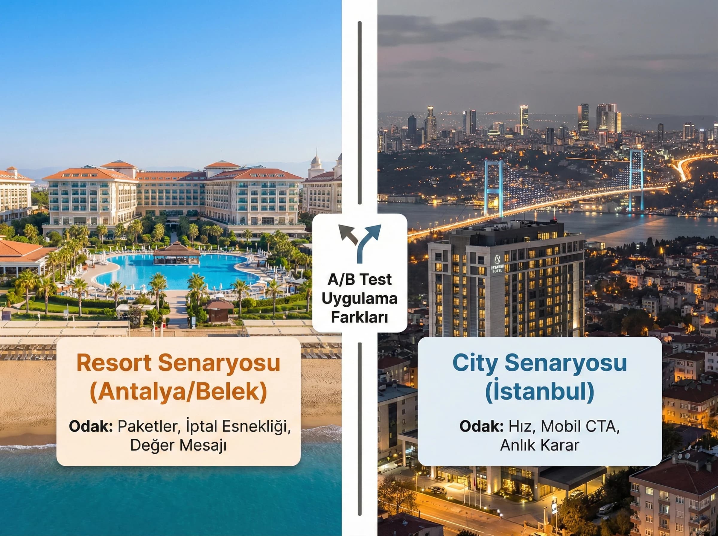 Antalya resort ve İstanbul city test senaryoları, otel A/B uygulama örnekleri