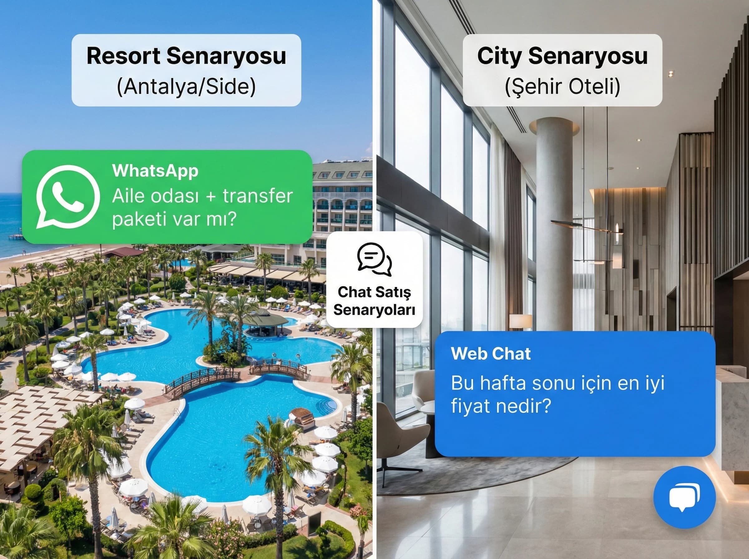 Antalya resort ve city senaryoları, otel chat üzerinden rezervasyon örnekleri