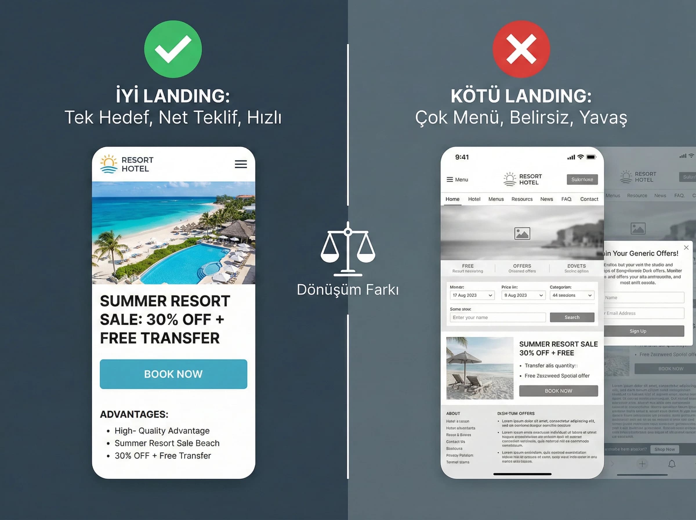 İyi kötü landing karşılaştırması, resort kampanya örnekleriyle farkı gösterme