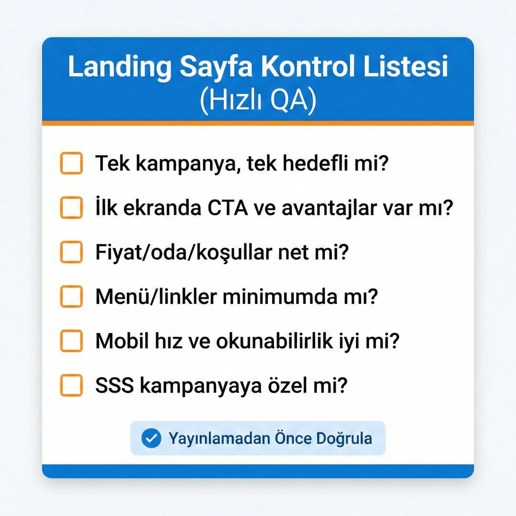 Landing kontrol listesi, otel kampanyası için hızlı doğrulama rehberi