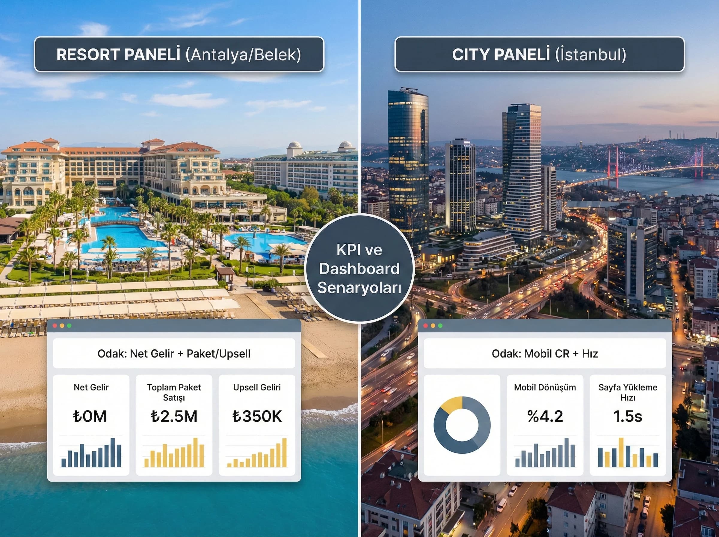 Antalya resort ve İstanbul city örnek dashboard, destinasyona göre KPI okuma